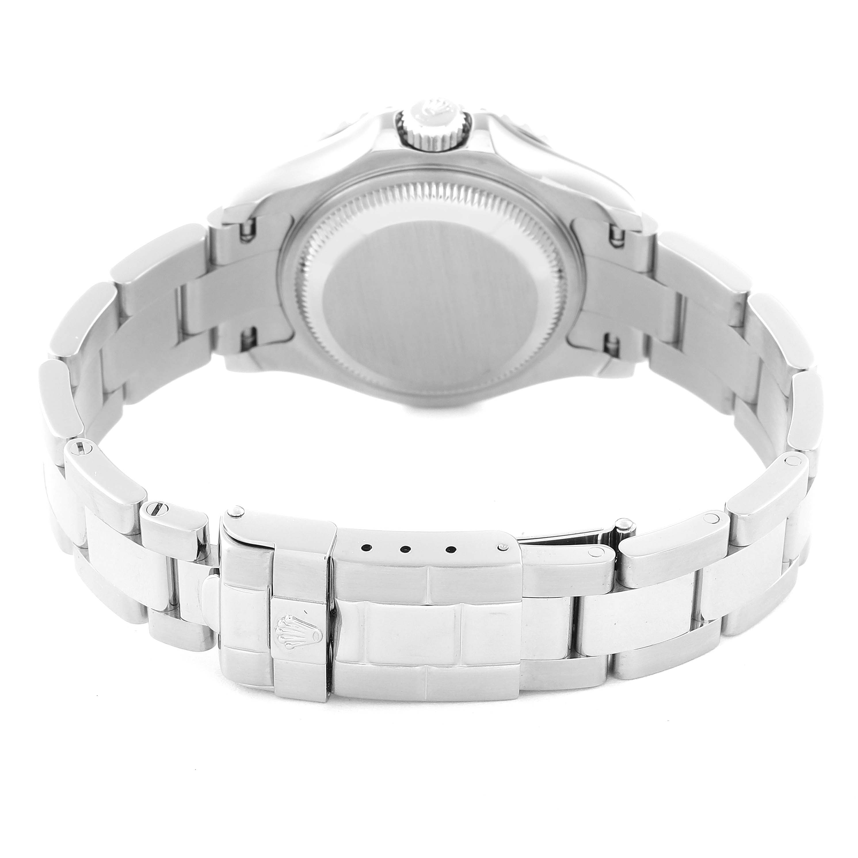 This image shows the back case, bracelet, and clasp of a Rolex Yacht-Master 169622 Women
s Stainless Steel Silver Dial 169622 Women
s Stainless Steel Silver Dial watch, viewed from the rear.