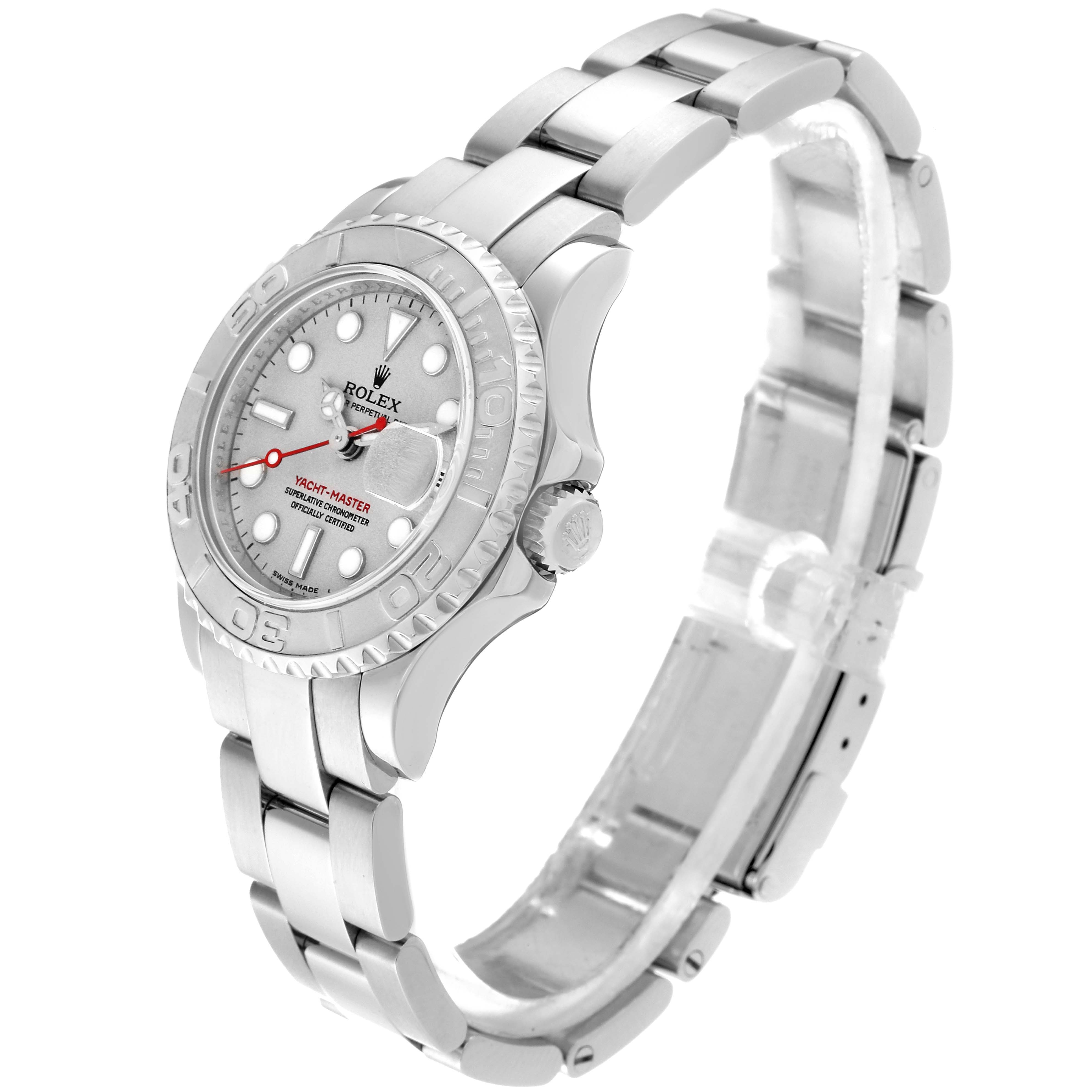 The Rolex Yacht-Master 169622 Women
s Stainless Steel Silver Dial 169622 Women
s Stainless Steel Silver Dial watch is shown at a front-side angle, displaying the bracelet, bezel, dial, and case.