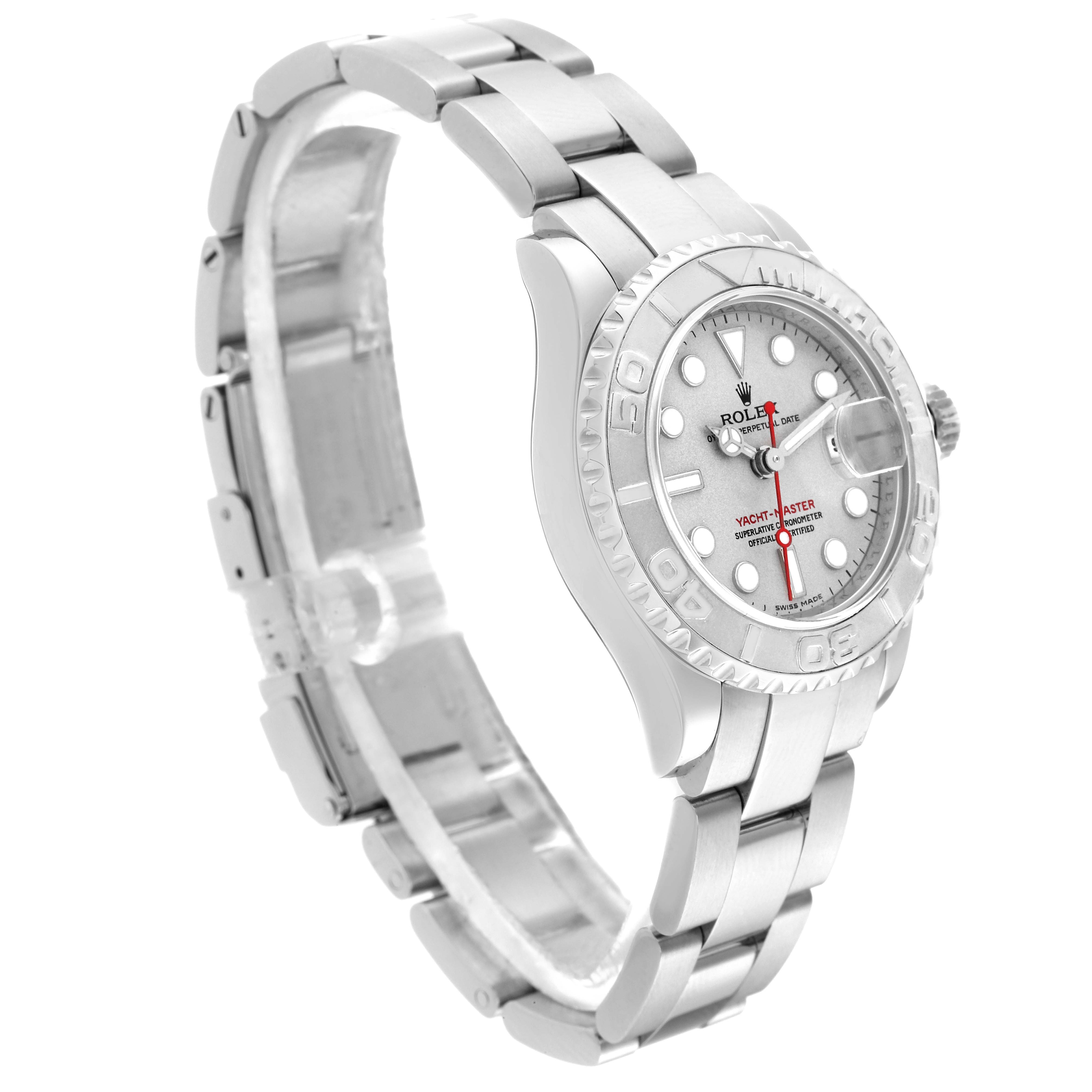 This image shows a side view of a Rolex Yacht-Master 169622 Women
s Stainless Steel Silver Dial 169622 Women
s Stainless Steel Silver Dial watch, featuring its bracelet, case, and dial.