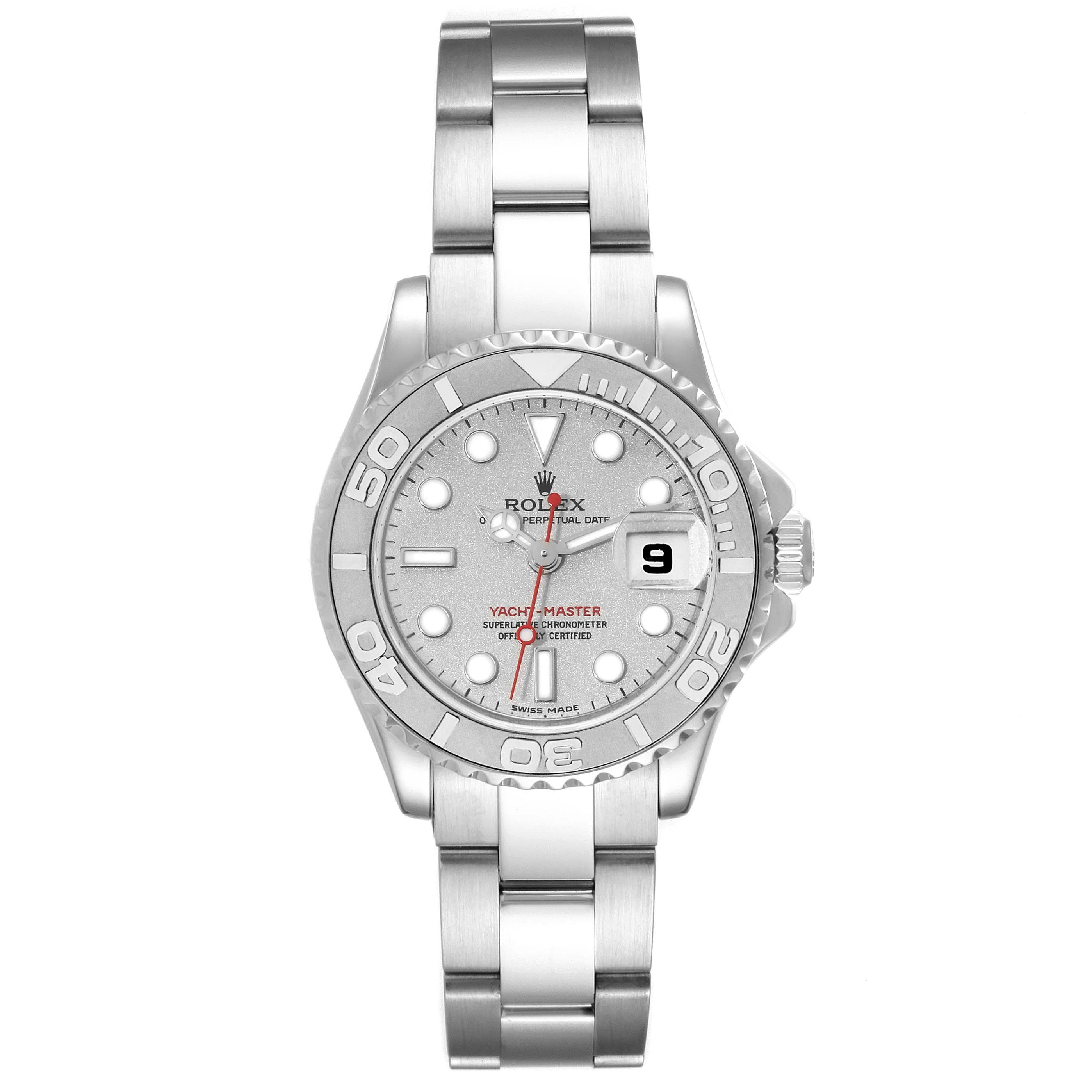 The Rolex Yacht-Master 169622 Women
s Stainless Steel Silver Dial 169622 Women
s Stainless Steel Silver Dial watch is shown from a straight top-down angle, displaying the bracelet, dial, and clasp.