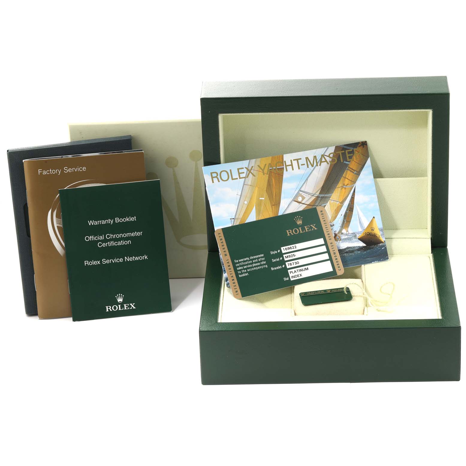 The image shows the packaging, warranty booklet, and service booklets for the Rolex Yacht-Master 169622 Women
s Stainless Steel Silver Dial 169622 Women
s Stainless Steel Silver Dial watch.