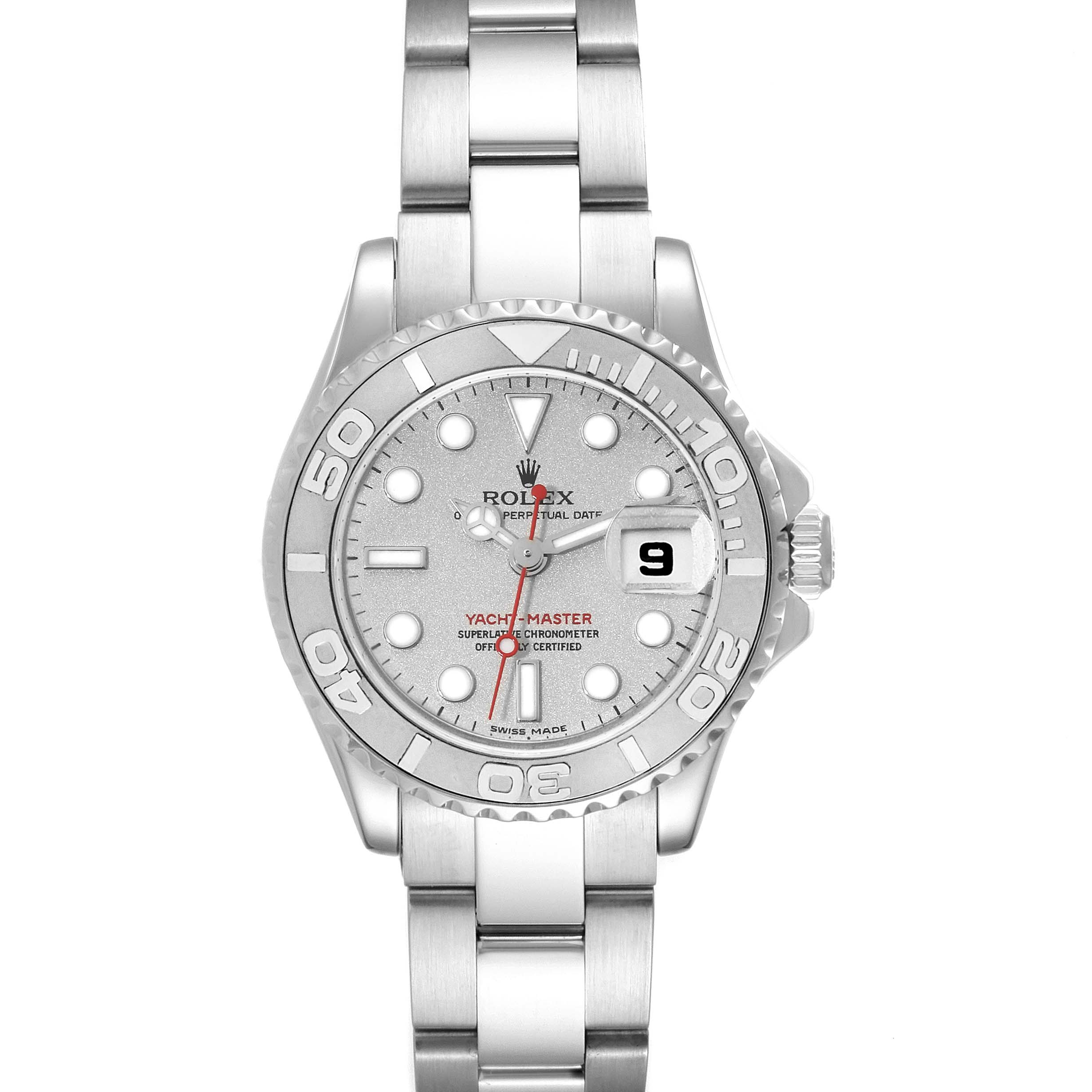 The Rolex Yacht-Master 169622 Women
s Stainless Steel Silver Dial 169622 Women
s Stainless Steel Silver Dial watch is shown from a top-down angle, displaying the face, bezel, and bracelet.
