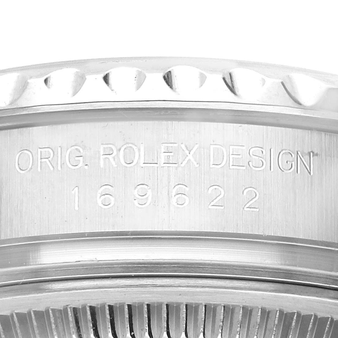 Close-up side view of the Yacht-Master watch case by Rolex, showing design and model number engraving.