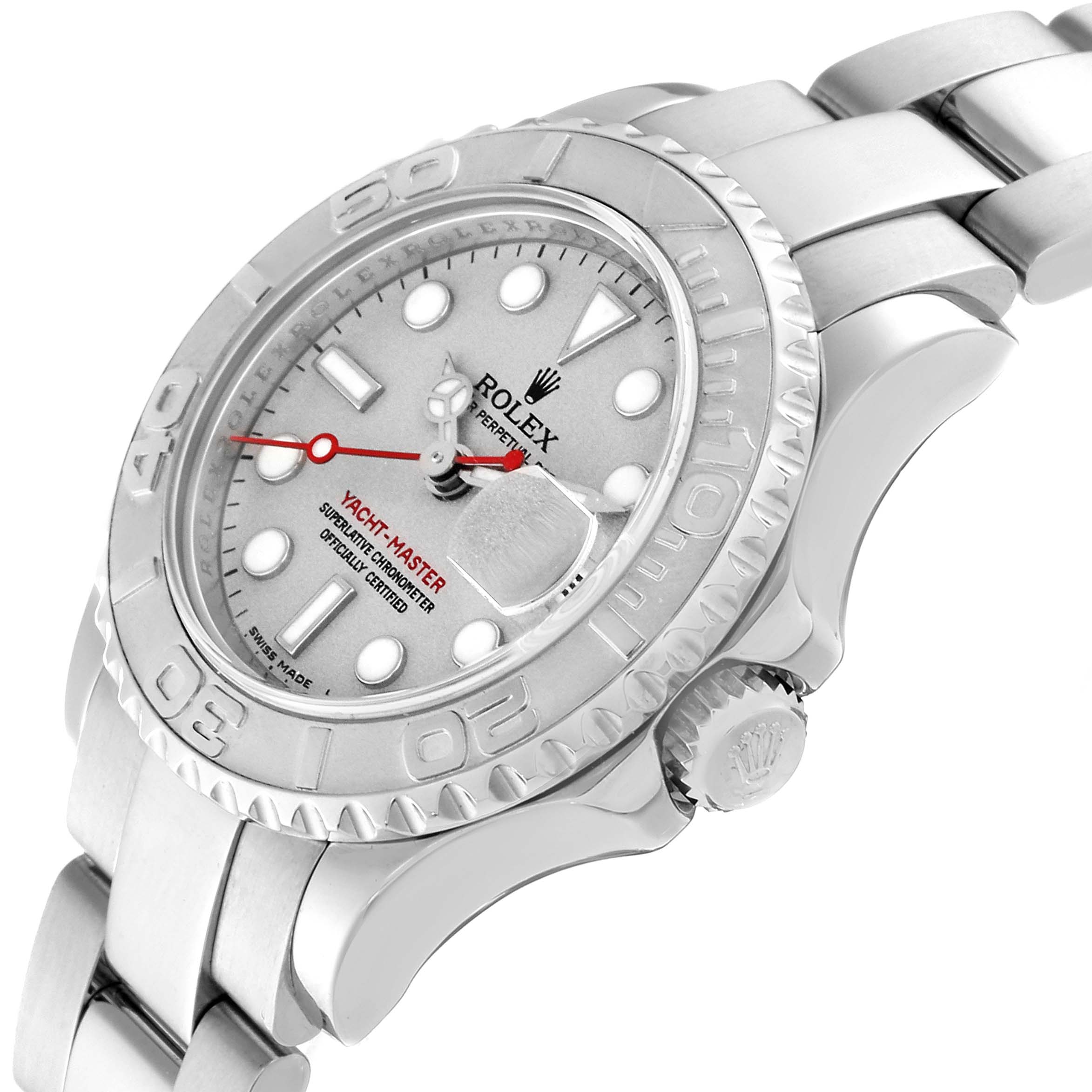 This Rolex Yacht-Master 169622 Women
s Stainless Steel Silver Dial 169622 Women
s Stainless Steel Silver Dial watch is shown at a slight angle, displaying the face, bezel, crown, and part of the bracelet.