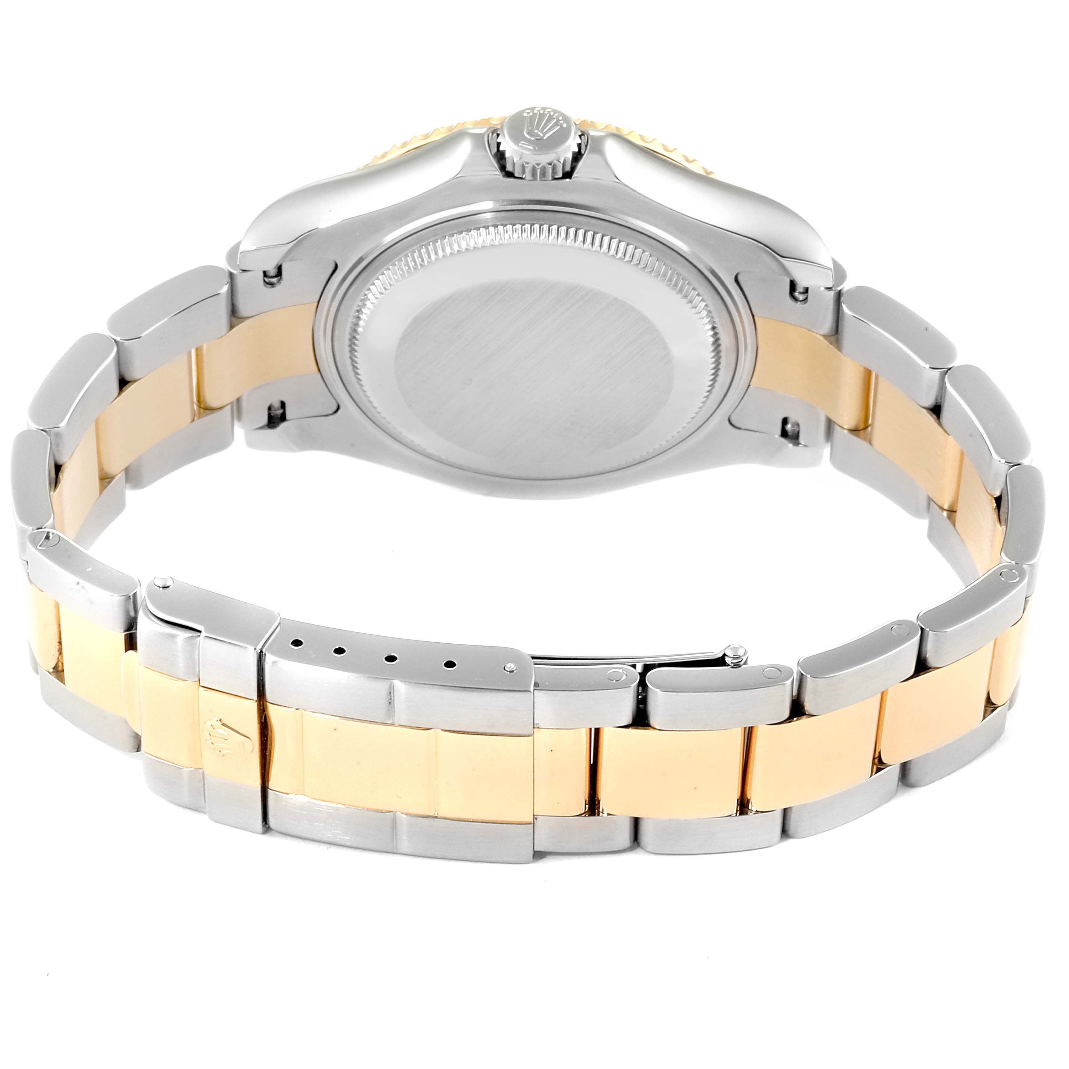This image shows the back view and bracelet of a Rolex Yacht-Master 168623 Men's Steel and Gold (two tone) Blue Dial 168623 Men's Steel and Gold (two tone) Blue Dial watch, highlighting the two-tone metal design.