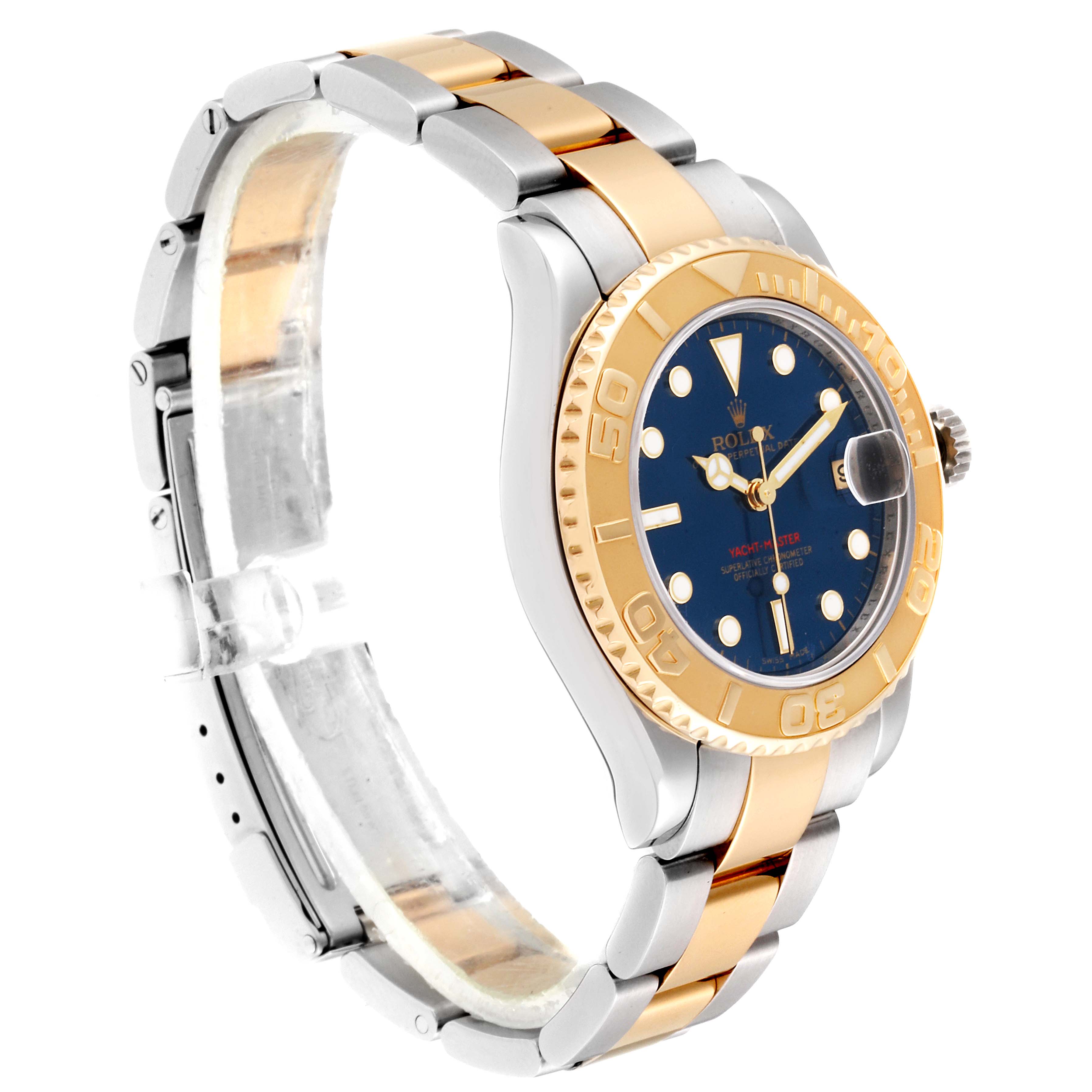 The image shows a side-angle view of the Rolex Yacht-Master 168623 Men's Steel and Gold (two tone) Blue Dial 168623 Men's Steel and Gold (two tone) Blue Dial watch, displaying its face, bezel, and two-tone bracelet.