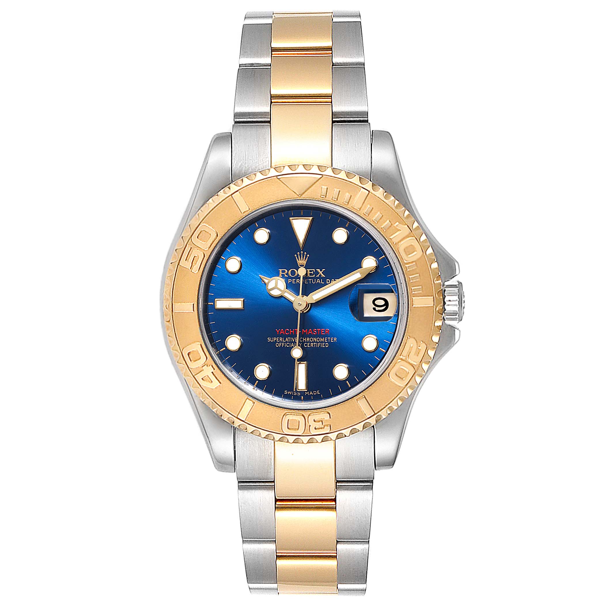 This image shows a front view of the Rolex Yacht-Master 168623 Men's Steel and Gold (two tone) Blue Dial 168623 Men's Steel and Gold (two tone) Blue Dial watch, highlighting its dial, bezel, and bracelet.