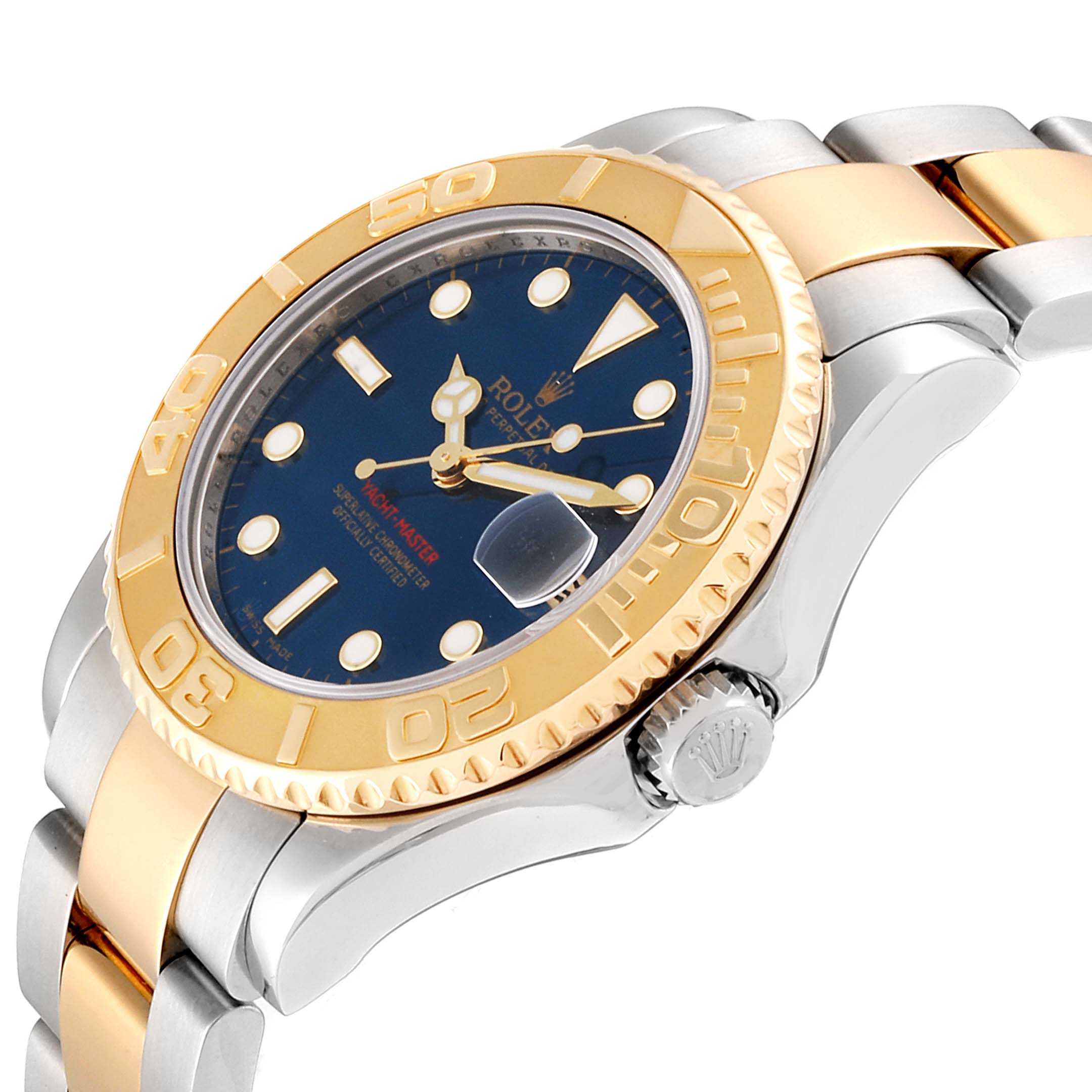 The image shows a side angle of a Rolex Yacht-Master 168623 Men's Steel and Gold (two tone) Blue Dial 168623 Men's Steel and Gold (two tone) Blue Dial watch, highlighting the bezel, crown, dial, and part of the bracelet.