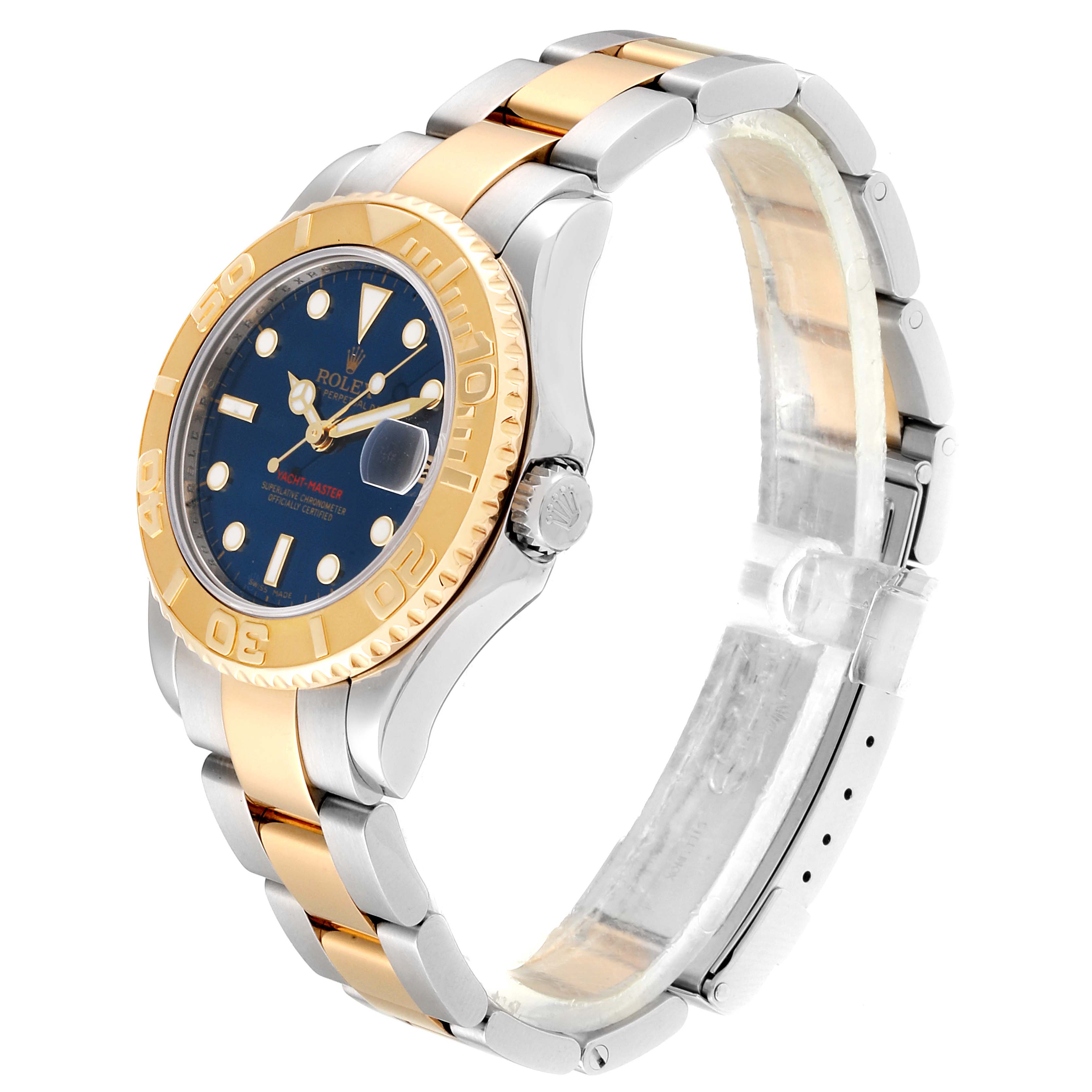 This Rolex Yacht-Master 168623 Men's Steel and Gold (two tone) Blue Dial 168623 Men's Steel and Gold (two tone) Blue Dial watch is shown from an angled side view, displaying its blue dial and two-tone bracelet.