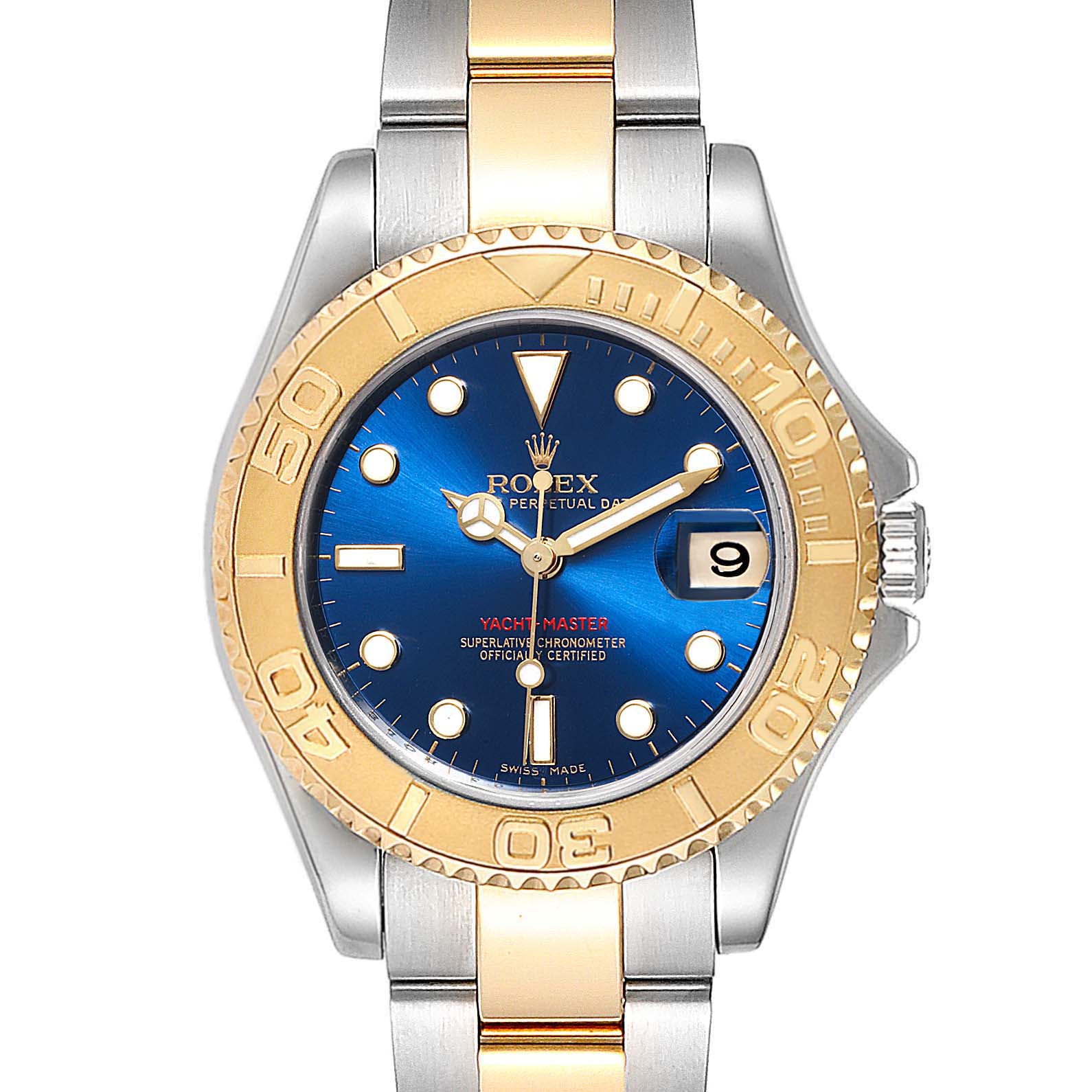 The Rolex Yacht-Master 168623 Men's Steel and Gold (two tone) Blue Dial 168623 Men's Steel and Gold (two tone) Blue Dial watch is shown from a front angle, highlighting its blue dial, gold bezel, and two-tone metal bracelet.