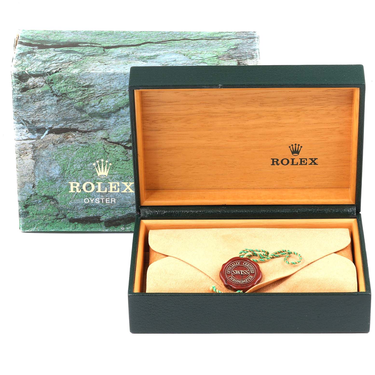 The image shows the packaging of a Rolex Yacht-Master 168623 Men's Steel and Gold (two tone) White Dial 168623 Men's Steel and Gold (two tone) White Dial, including its open wooden box and an outer green box.
