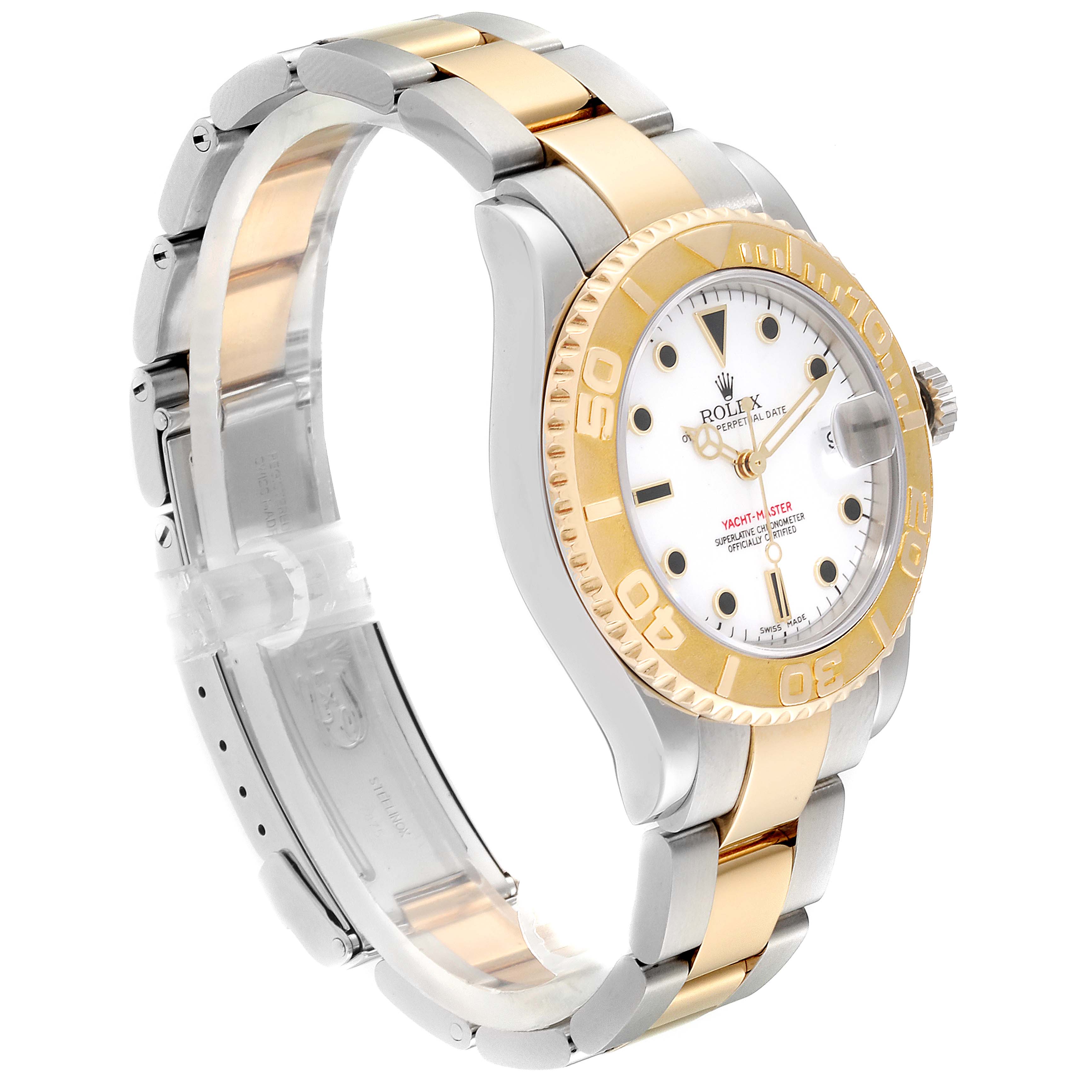 The Rolex Yacht-Master 168623 Men's Steel and Gold (two tone) White Dial 168623 Men's Steel and Gold (two tone) White Dial watch is shown at an angle highlighting its two-tone bracelet, bezel, dial, and side of the case.