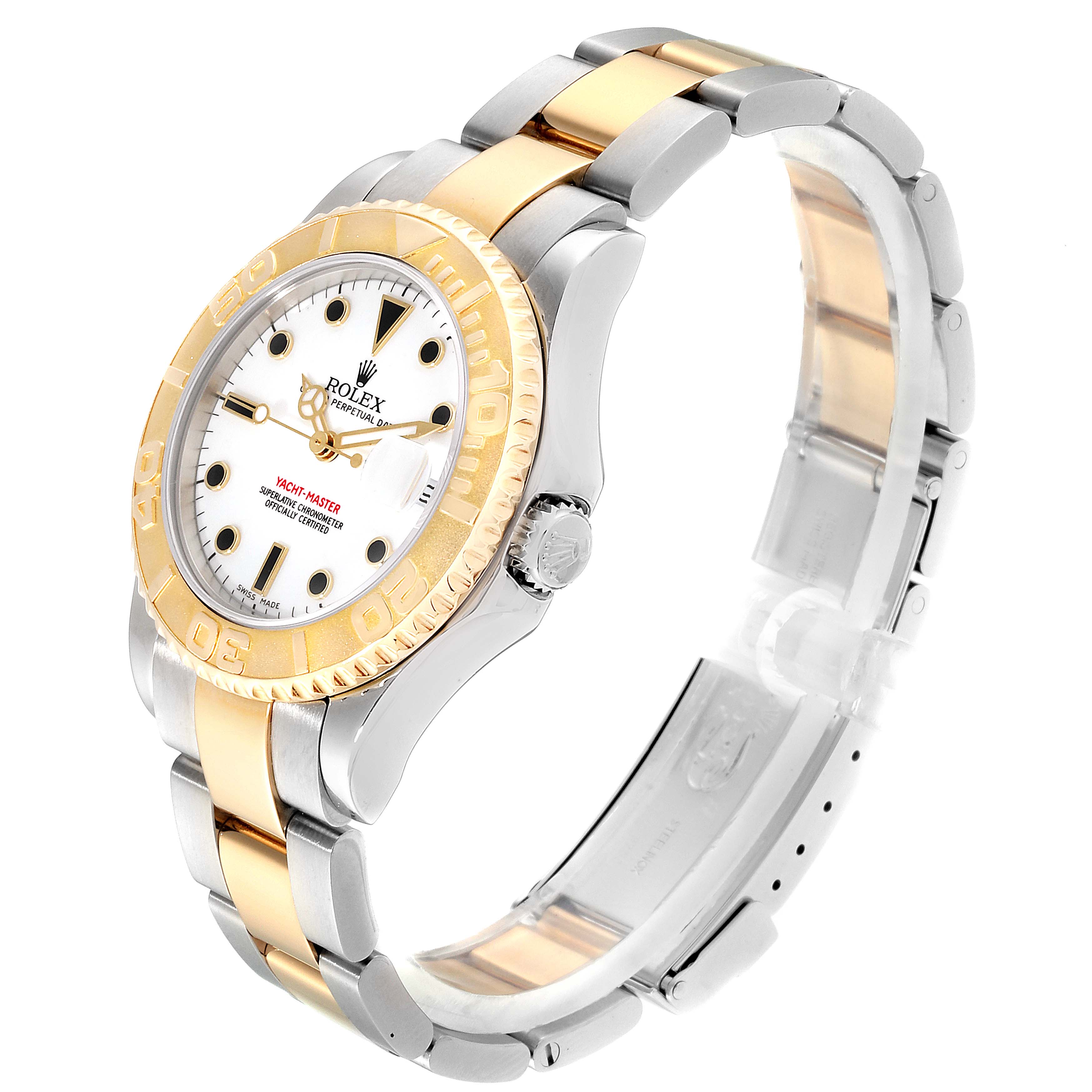 The Rolex Yacht-Master 168623 Men's Steel and Gold (two tone) White Dial 168623 Men's Steel and Gold (two tone) White Dial watch is shown at a right-front angle, displaying its bezel, crown, and two-tone bracelet.