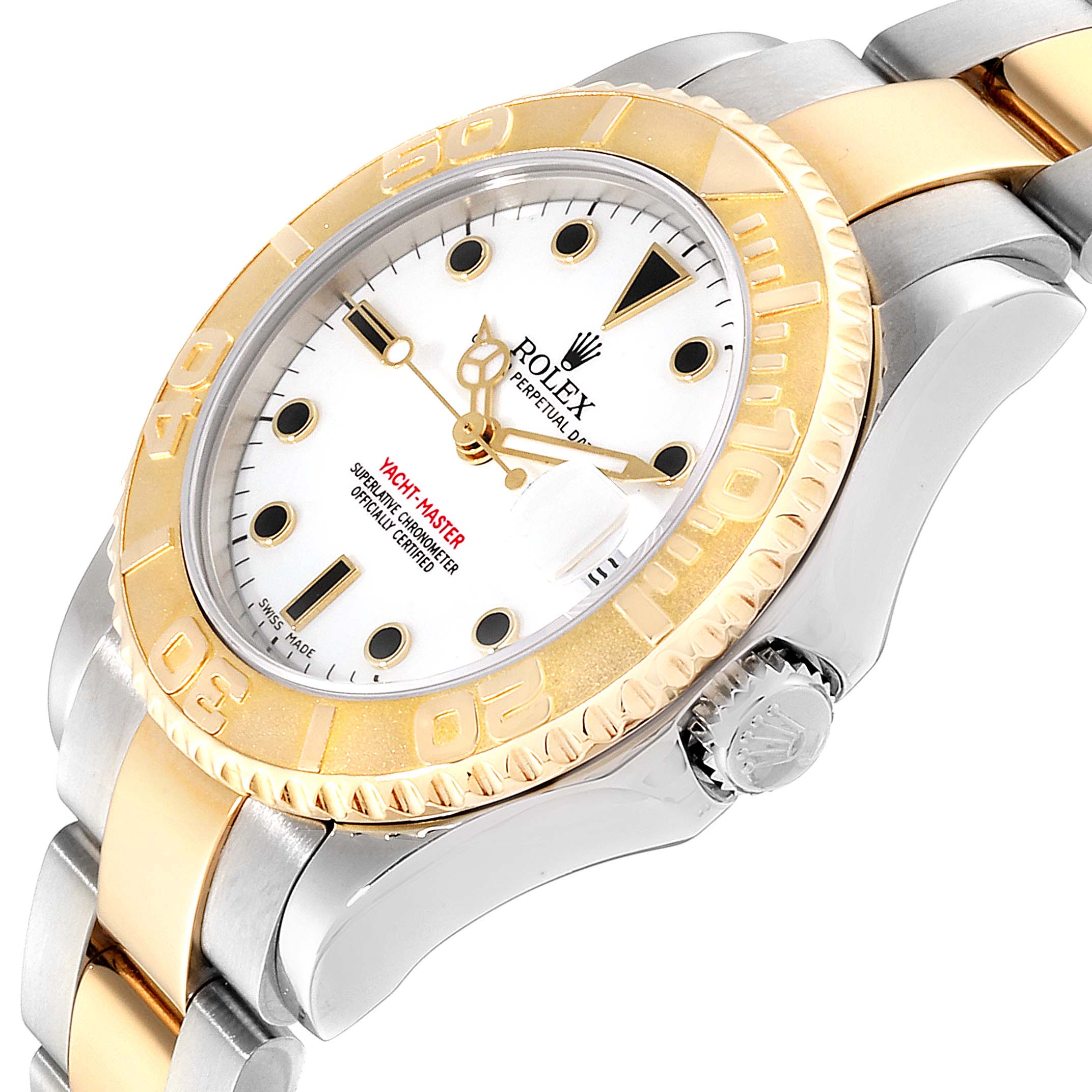 The Rolex Yacht-Master 168623 Men's Steel and Gold (two tone) White Dial 168623 Men's Steel and Gold (two tone) White Dial watch is angled slightly from the front, showing the dial, bezel, crown, and part of the bracelet.