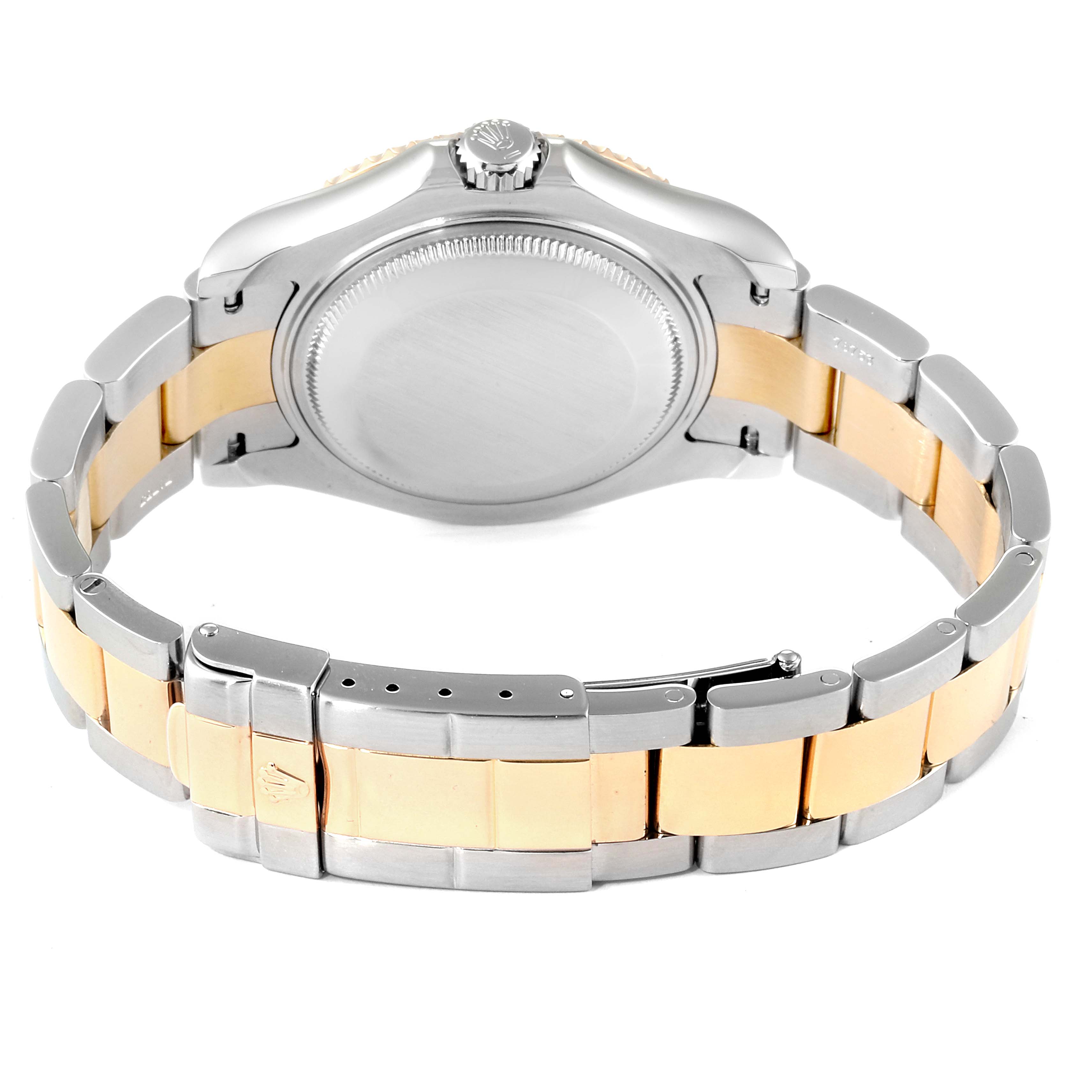 This image shows the back case and bracelet of a Rolex Yacht-Master 168623 Men's Steel and Gold (two tone) White Dial 168623 Men's Steel and Gold (two tone) White Dial watch from a rear angle.