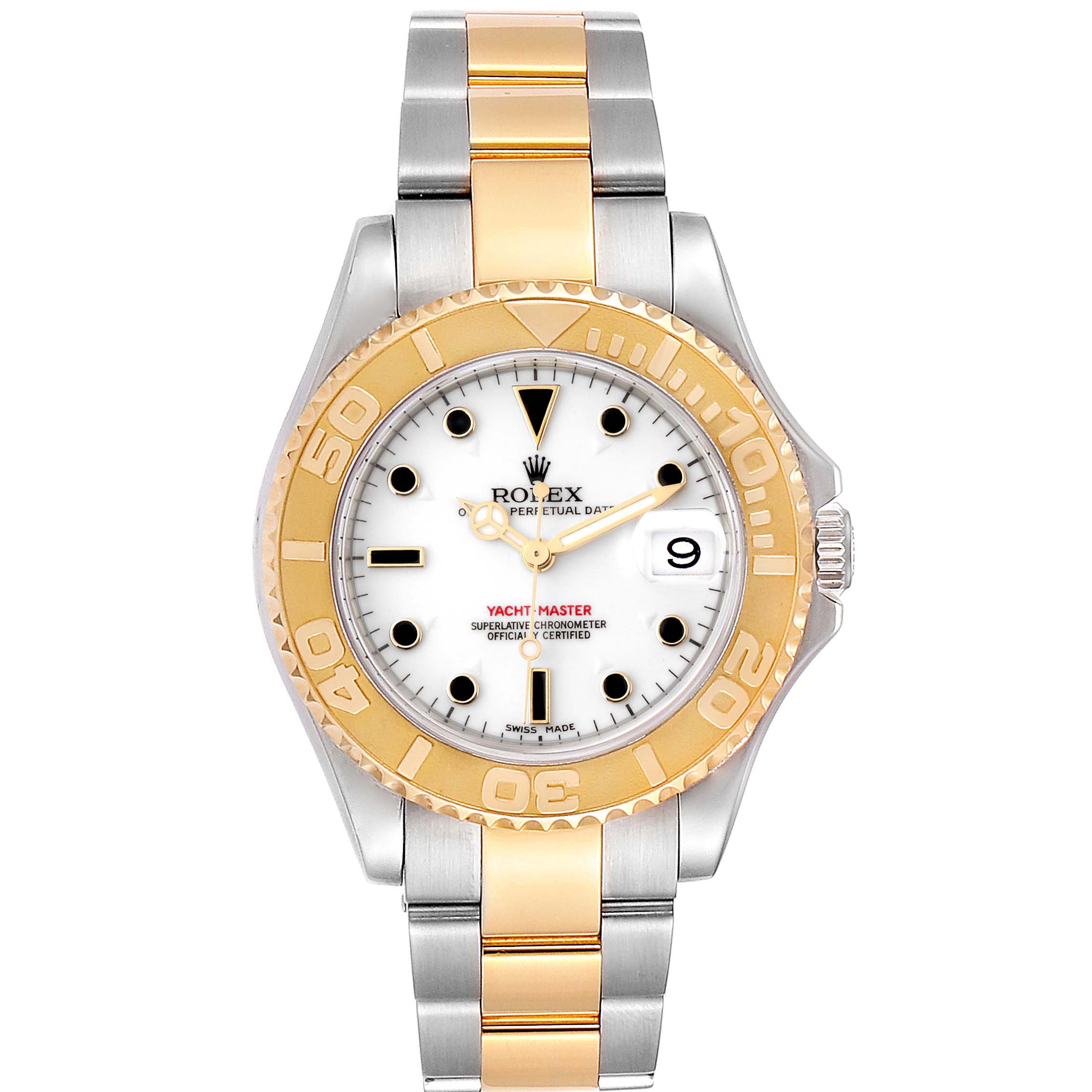 The Rolex Yacht-Master 168623 Men's Steel and Gold (two tone) White Dial 168623 Men's Steel and Gold (two tone) White Dial watch is shown from a frontal angle, displaying its dial, bezel, and bracelet.