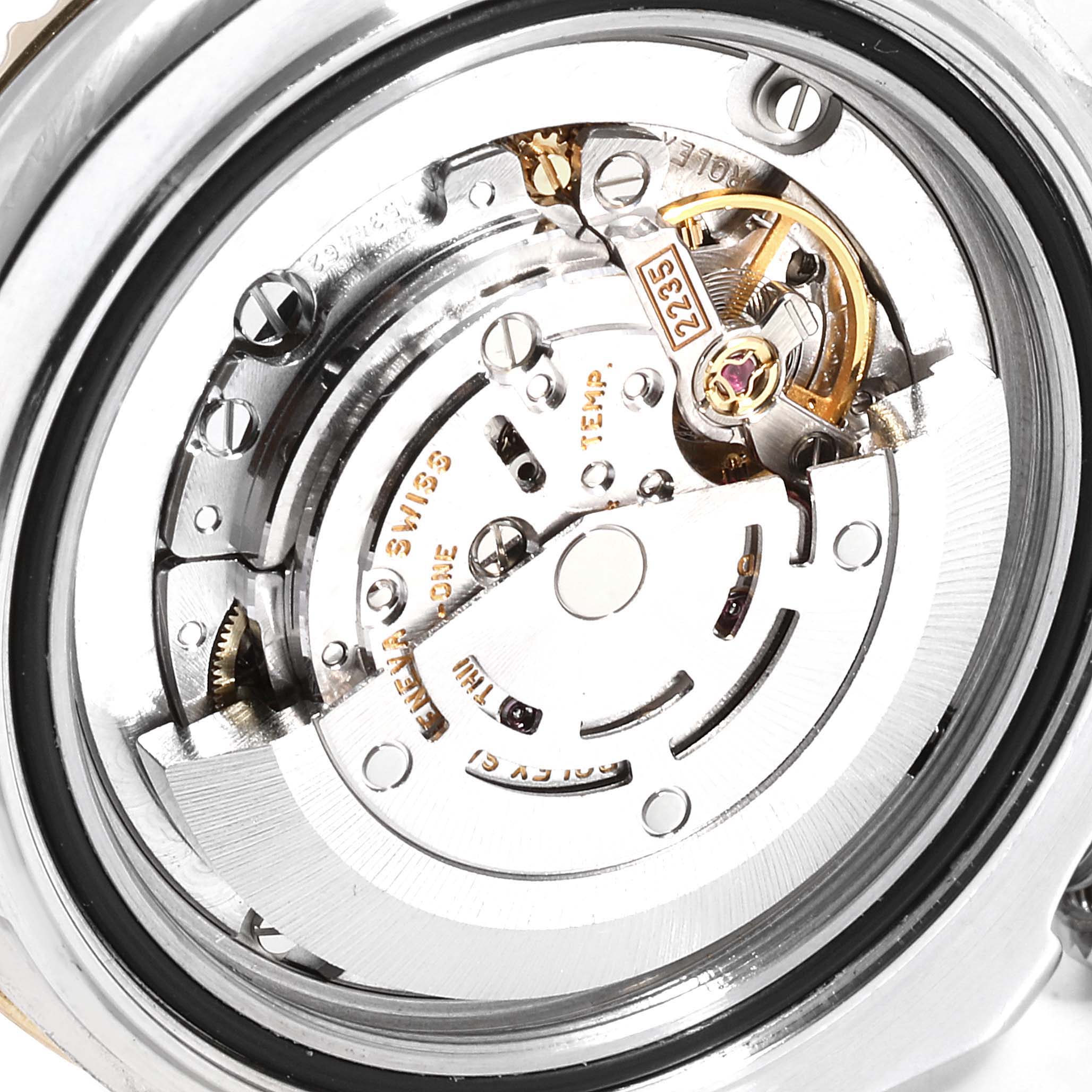 This is a close-up view of the movement and internal mechanics of a Rolex Yacht-Master 168623 Men's Steel and Gold (two tone) White Dial 168623 Men's Steel and Gold (two tone) White Dial watch.