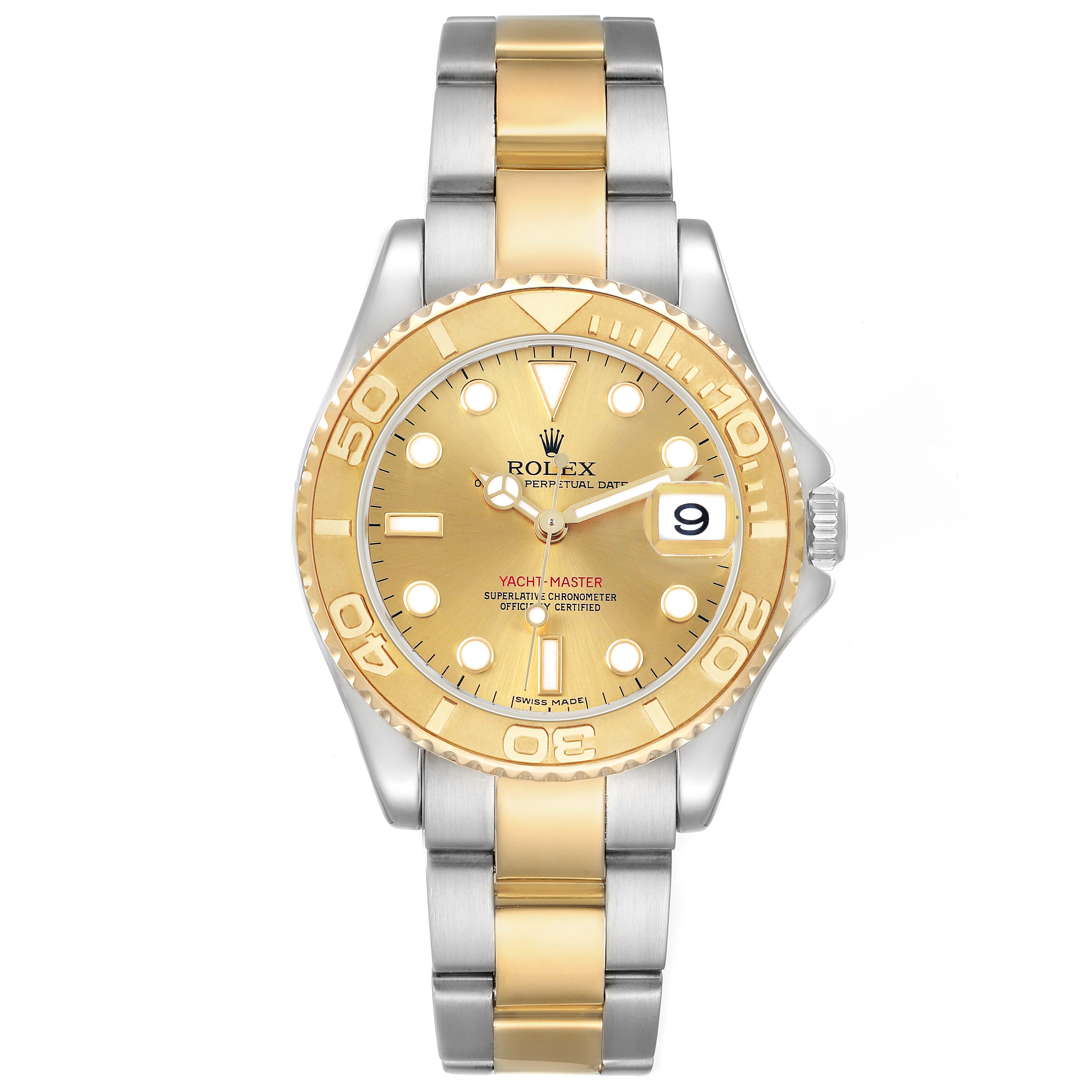 The Rolex Yacht-Master 168623 Men's Steel and Gold (two tone) Champagne Dial watch is shown from a front angle, displaying the dial, bezel, and bracelet in stainless steel and gold.