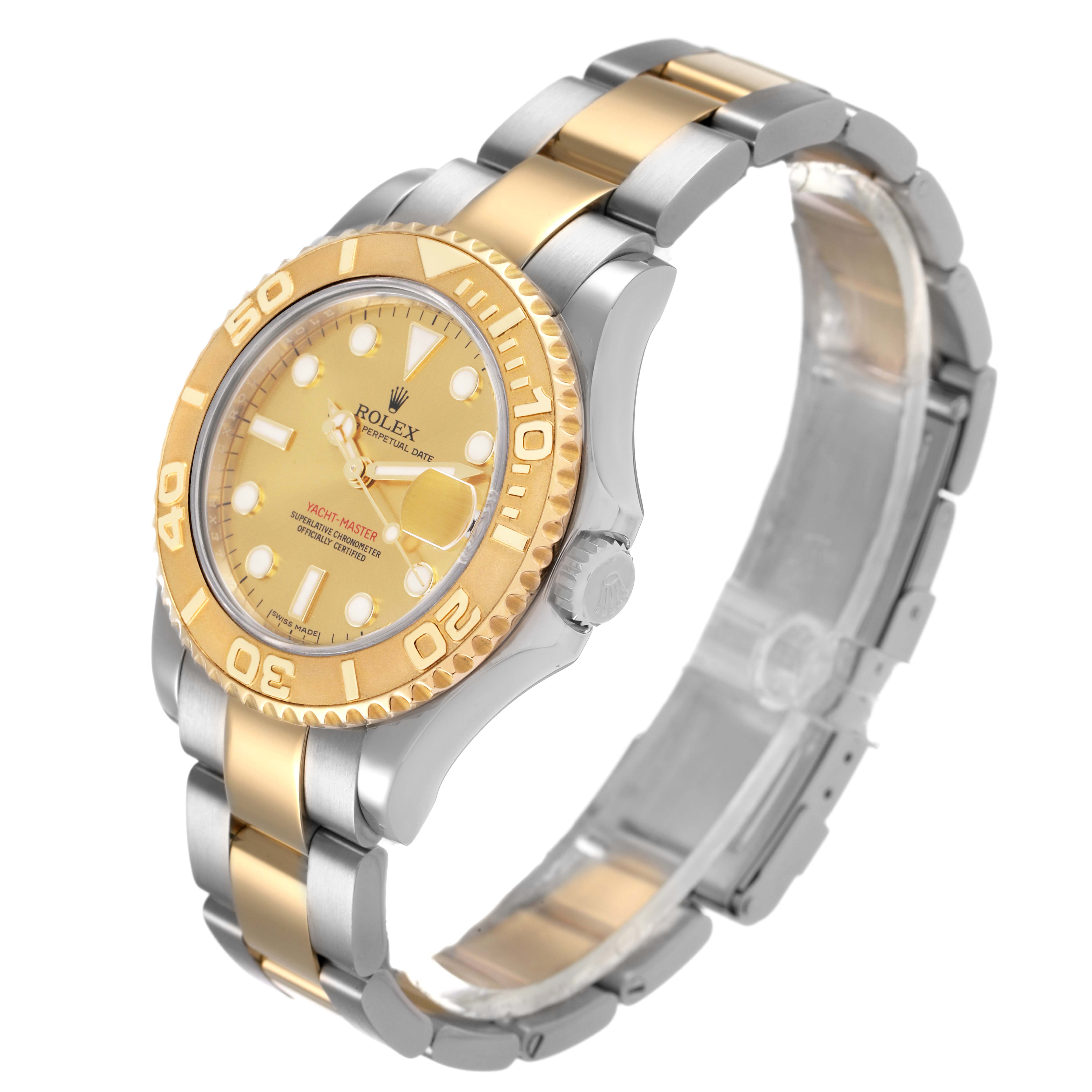 The Rolex Yacht-Master 168623 Men's Steel and Gold (two tone) Champagne Dial watch is shown at a three-quarter angle, highlighting the bezel, dial, and bracelet.