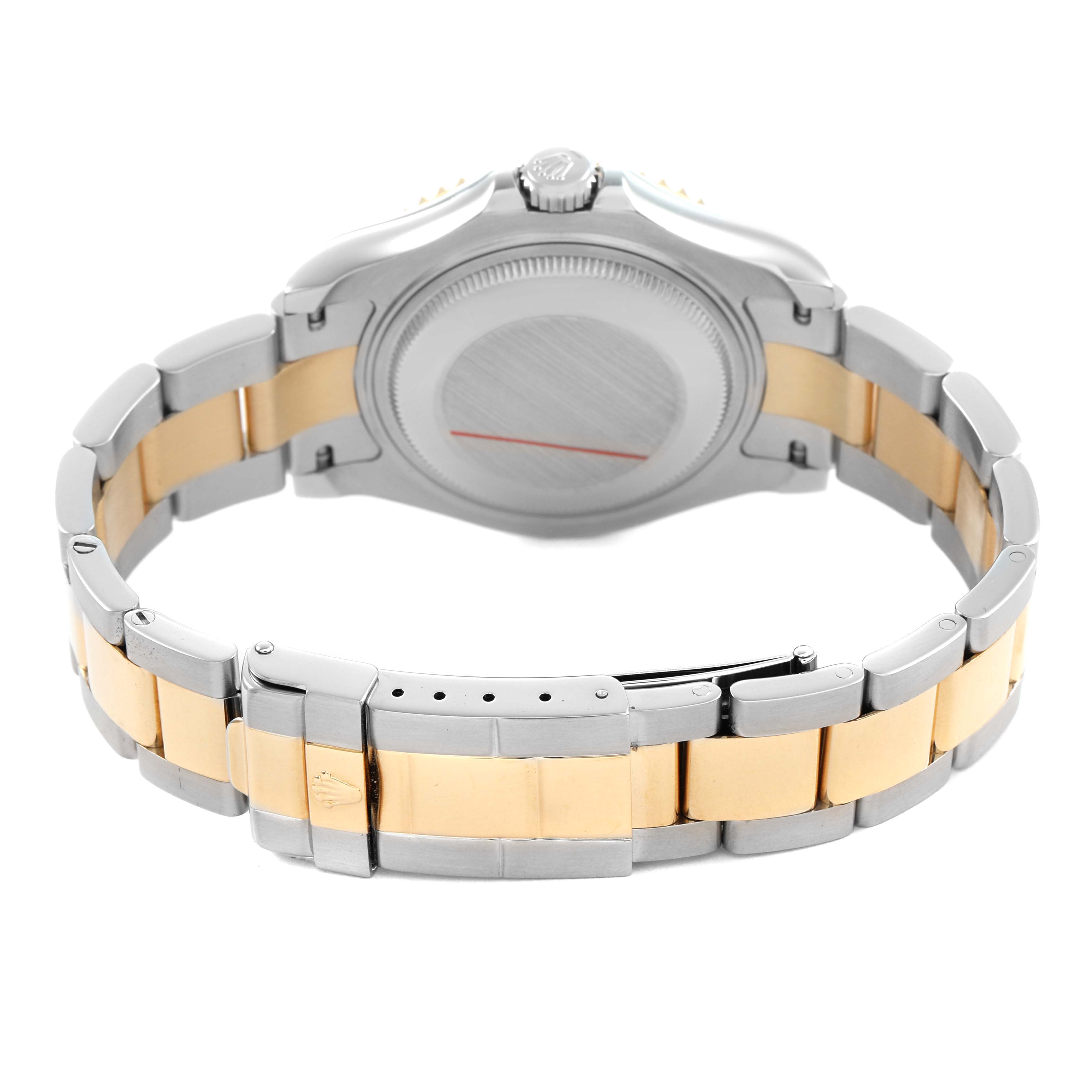 The Rolex Yacht-Master 168623 Men's Steel and Gold (two tone) Champagne Dial is shown from the back, highlighting its two-tone bracelet and closed clasp.