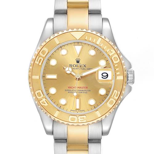 The image shows a frontal view of a Rolex Yacht-Master 168623 Men's Steel and Gold (two tone) Champagne Dial watch, highlighting its gold bezel, dial, and part of the bracelet.