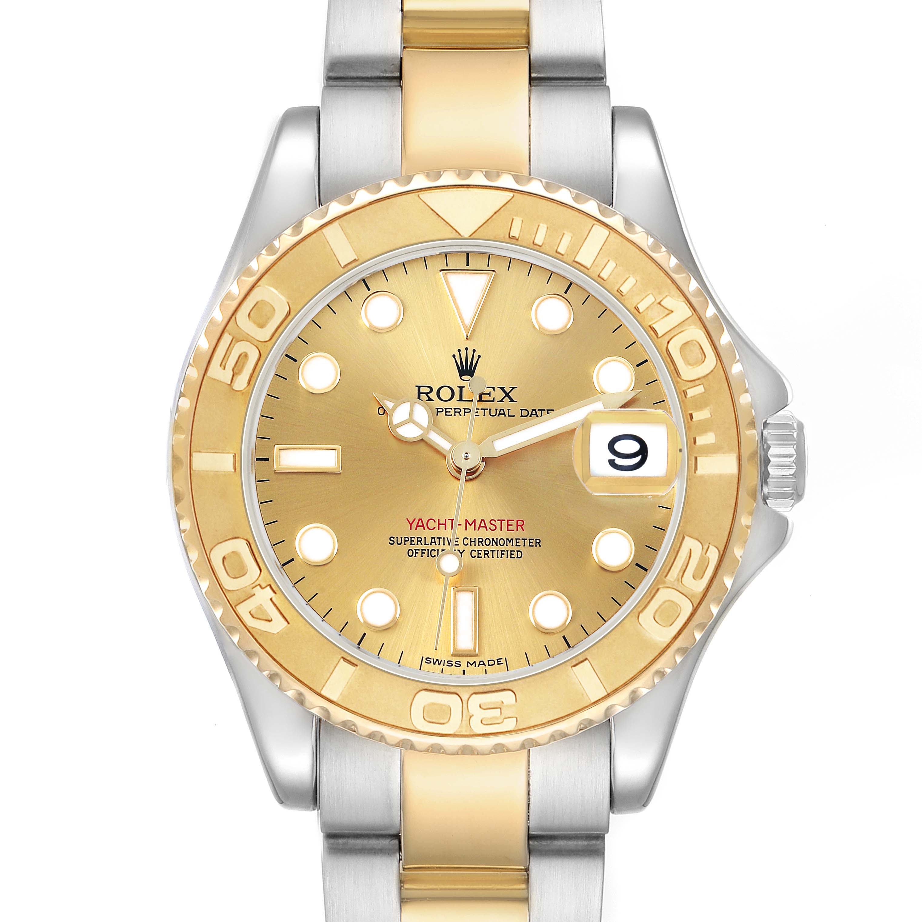 The Rolex Yacht-Master 168623 Men's Steel and Gold (two tone) Champagne Dial watch is shown from the front, displaying its bezel, dial, and bracelet.
