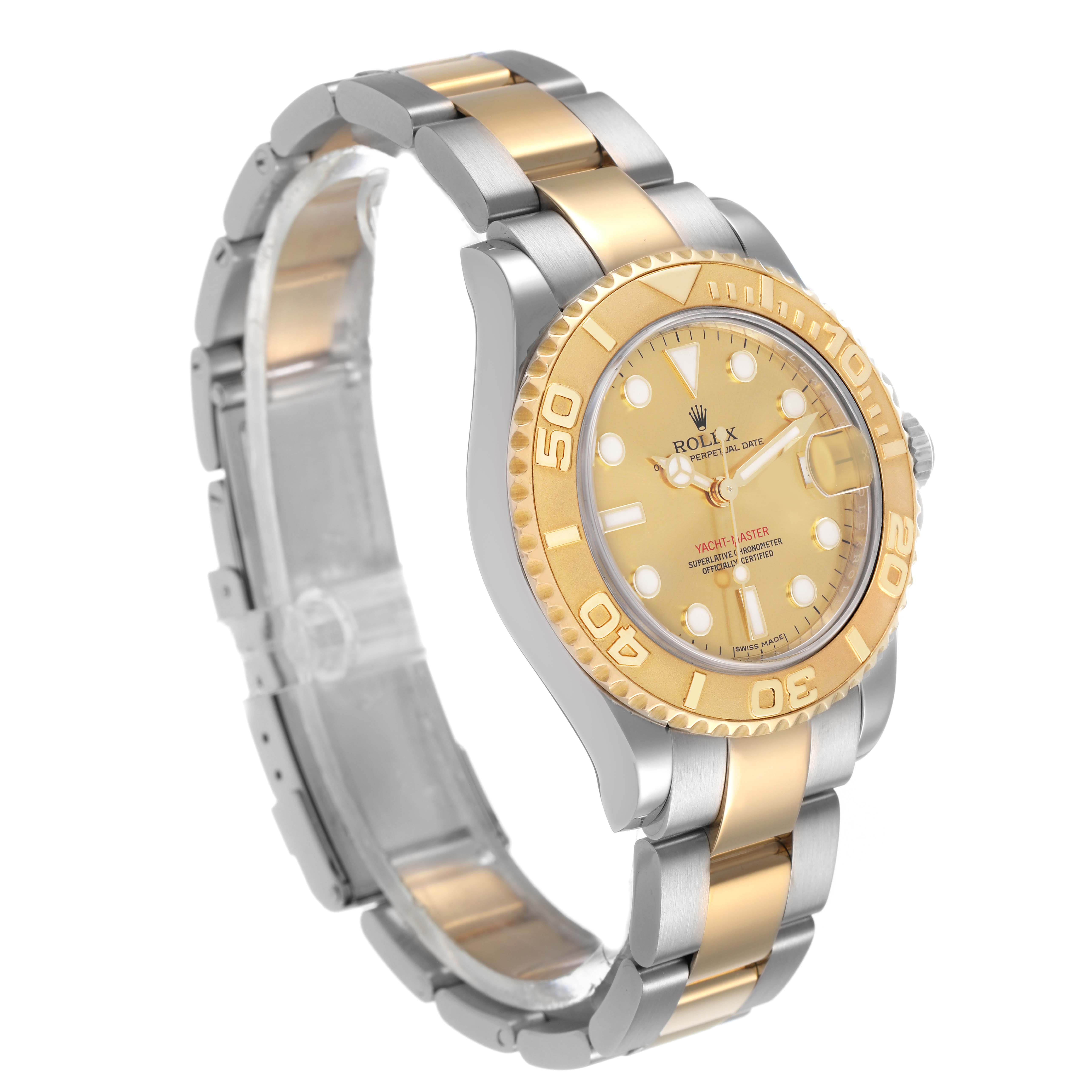 The Rolex Yacht-Master 168623 Men's Steel and Gold (two tone) Champagne Dial watch is shown at a slight angle, highlighting the gold and silver bracelet, bezel, and face.