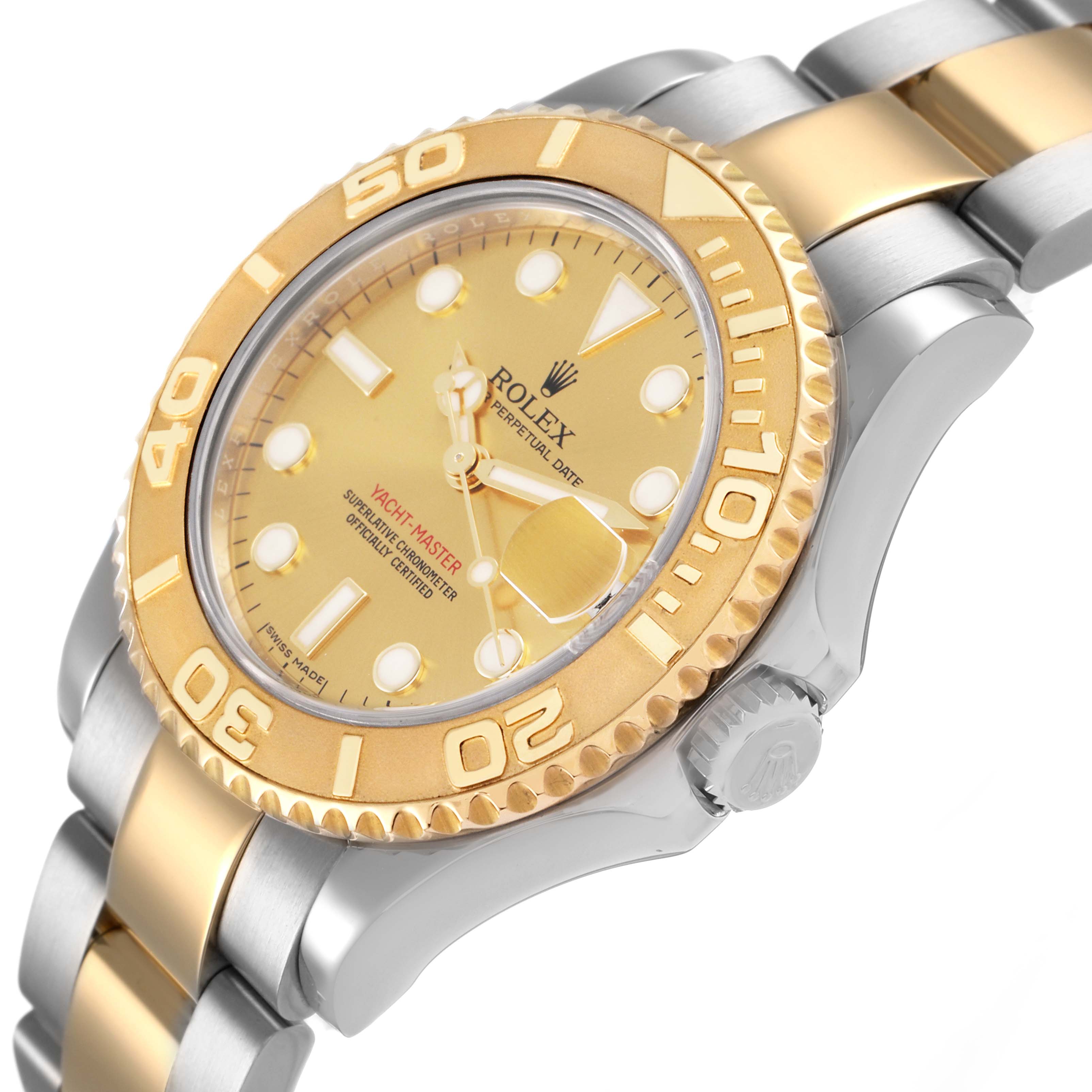 The Rolex Yacht-Master 168623 Men's Steel and Gold (two tone) Champagne Dial watch is shown at an angle highlighting the gold bezel, dial, and part of the two-tone metal bracelet.