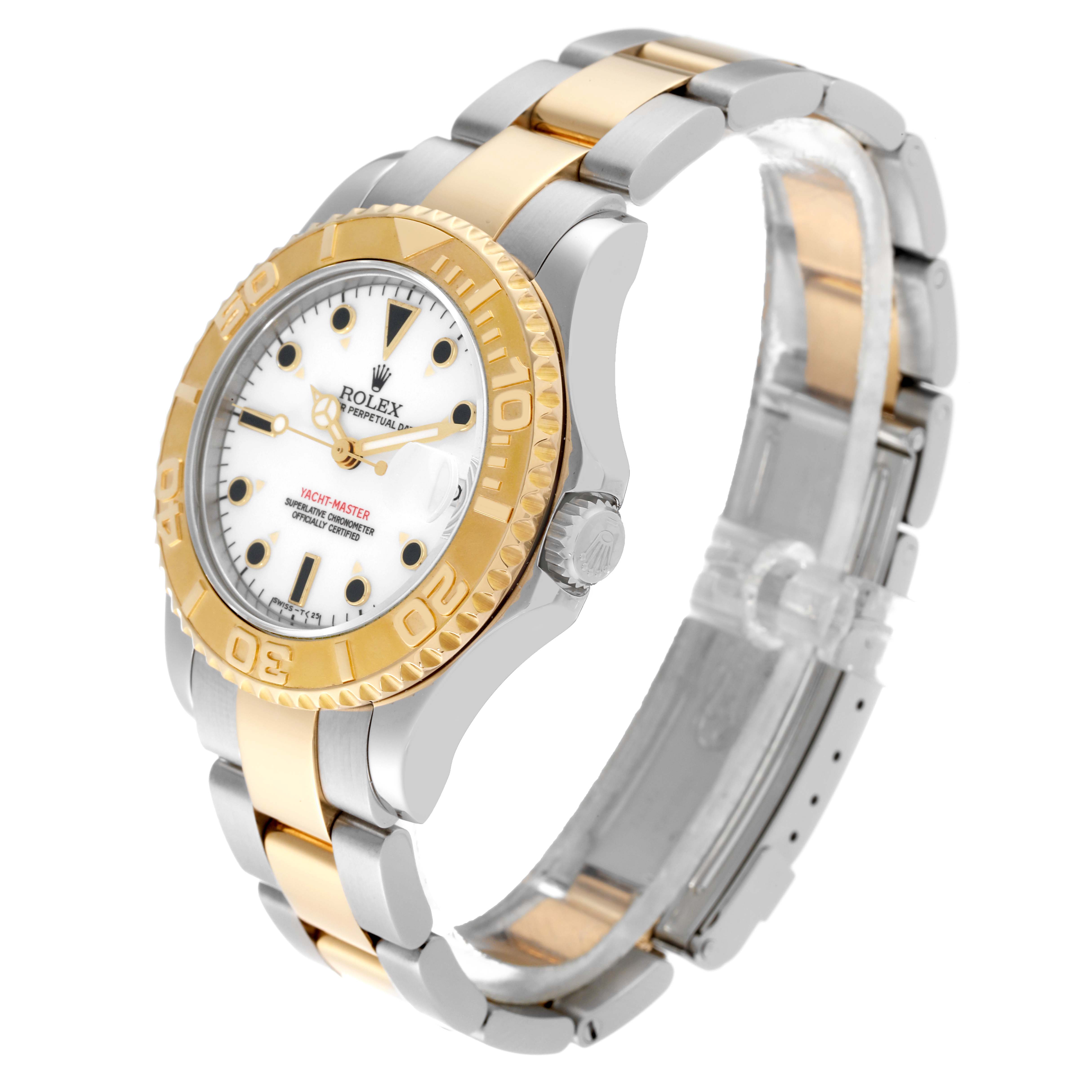 The Rolex Yacht-Master 68623 Men's Steel and Gold (two tone) White Dial 68623 Men's Steel and Gold (two tone) White Dial watch is shown at a 3/4 angle, highlighting the dial, bezel, crown, and bracelet.
