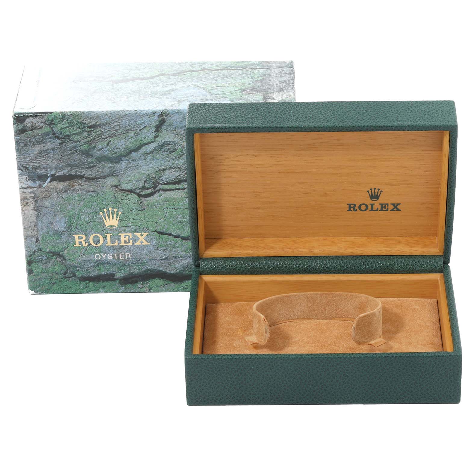 The image shows an open Rolex Yacht-Master 68623 Men's Steel and Gold (two tone) White Dial 68623 Men's Steel and Gold (two tone) White Dial green watch box and its brown cushion strap, with the outer packaging in the background.