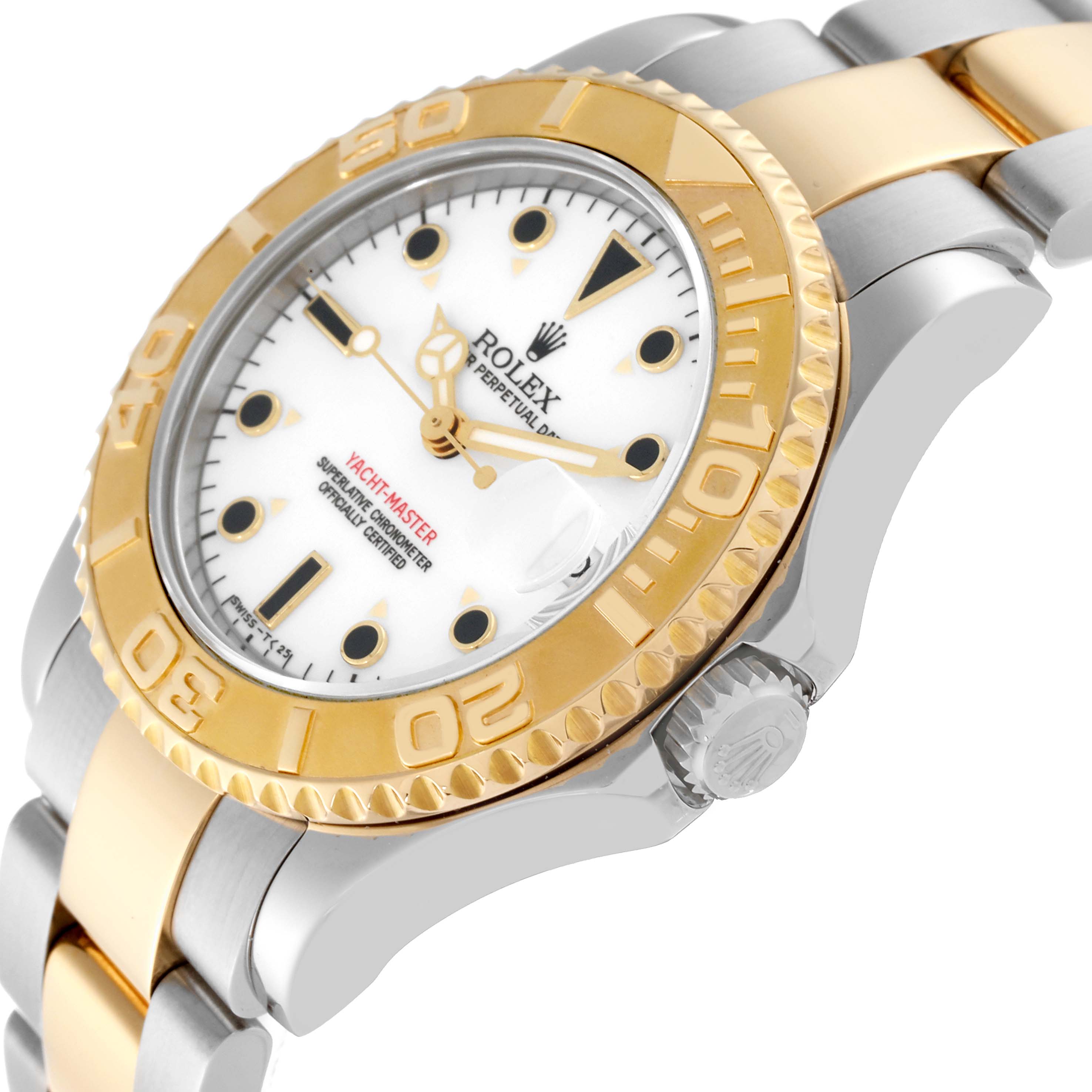 The Rolex Yacht-Master 68623 Men's Steel and Gold (two tone) White Dial 68623 Men's Steel and Gold (two tone) White Dial watch is shown at an angled view, highlighting the bezel, crown, and part of the bracelet.