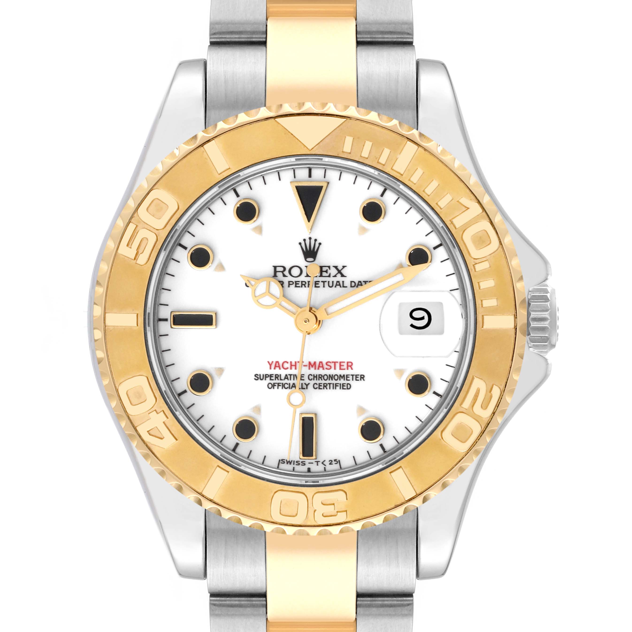 The image shows a front view of the Rolex Yacht-Master 68623 Men's Steel and Gold (two tone) White Dial 68623 Men's Steel and Gold (two tone) White Dial watch, displaying the dial, bezel, crown, and bracelet.