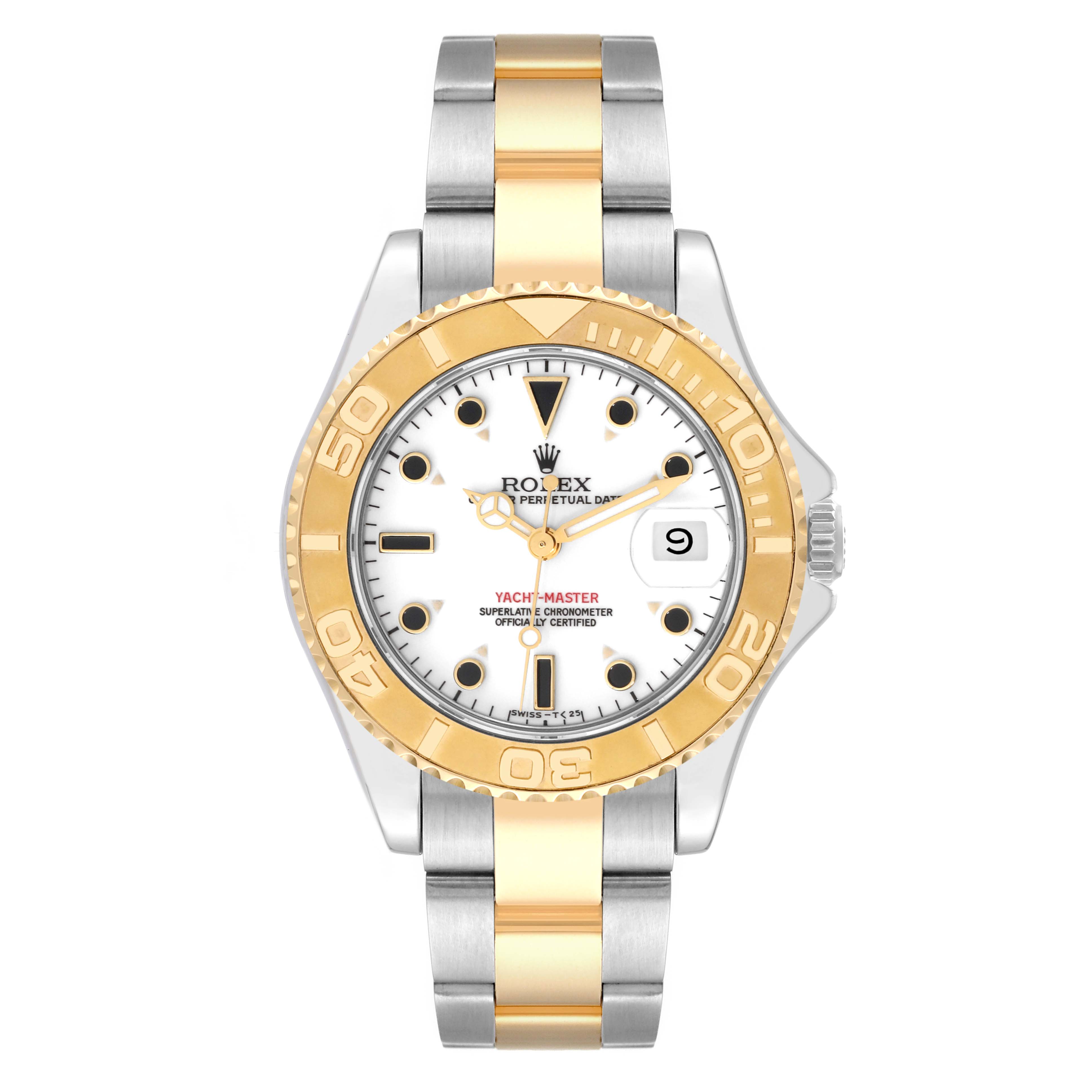 This image shows a front view of the Rolex Yacht-Master 68623 Men's Steel and Gold (two tone) White Dial 68623 Men's Steel and Gold (two tone) White Dial watch, highlighting its dial, bezel, and bracelet.