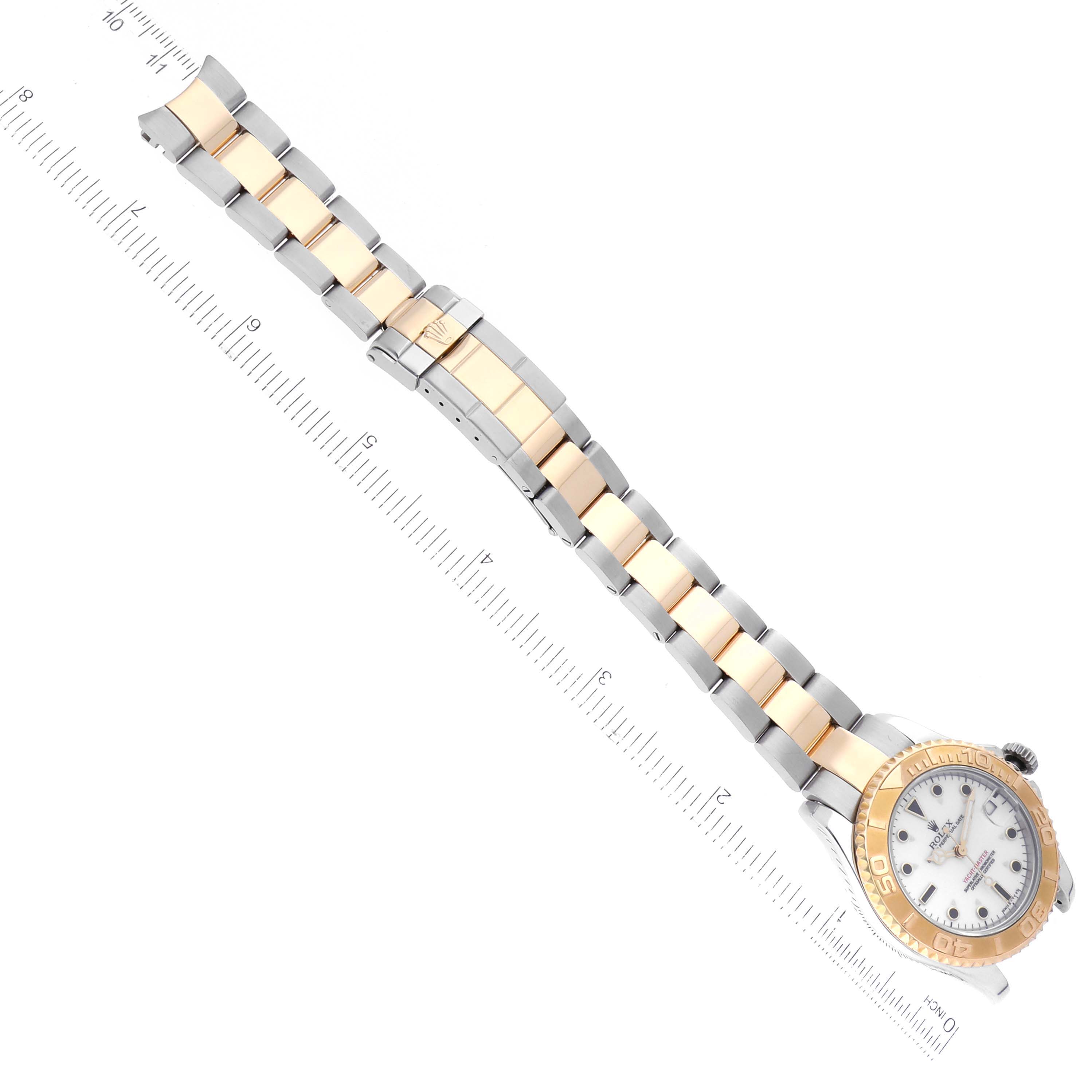 The image shows a Rolex Yacht-Master 68623 Men's Steel and Gold (two tone) White Dial 68623 Men's Steel and Gold (two tone) White Dial watch with a two-tone bracelet, laid flat and measured alongside a ruler.