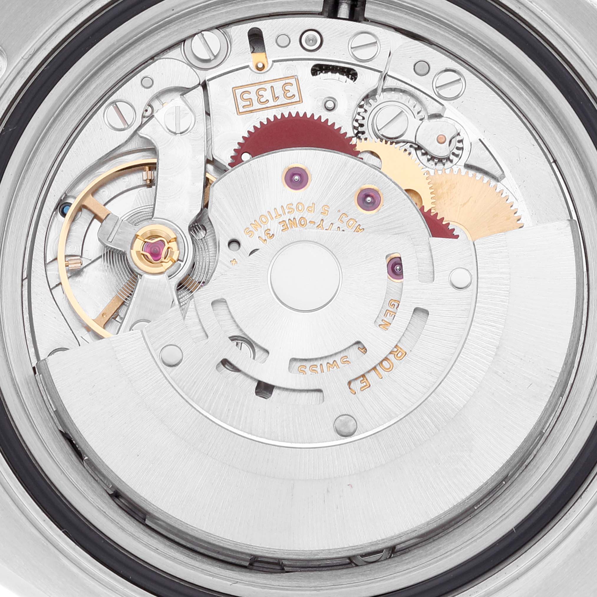 This image shows a close-up view of the internal movement of a Rolex Yacht-Master 16622 Men
s Stainless Steel Silver Dial 16622 Men
s Stainless Steel Silver Dial watch, highlighting the gears and components.