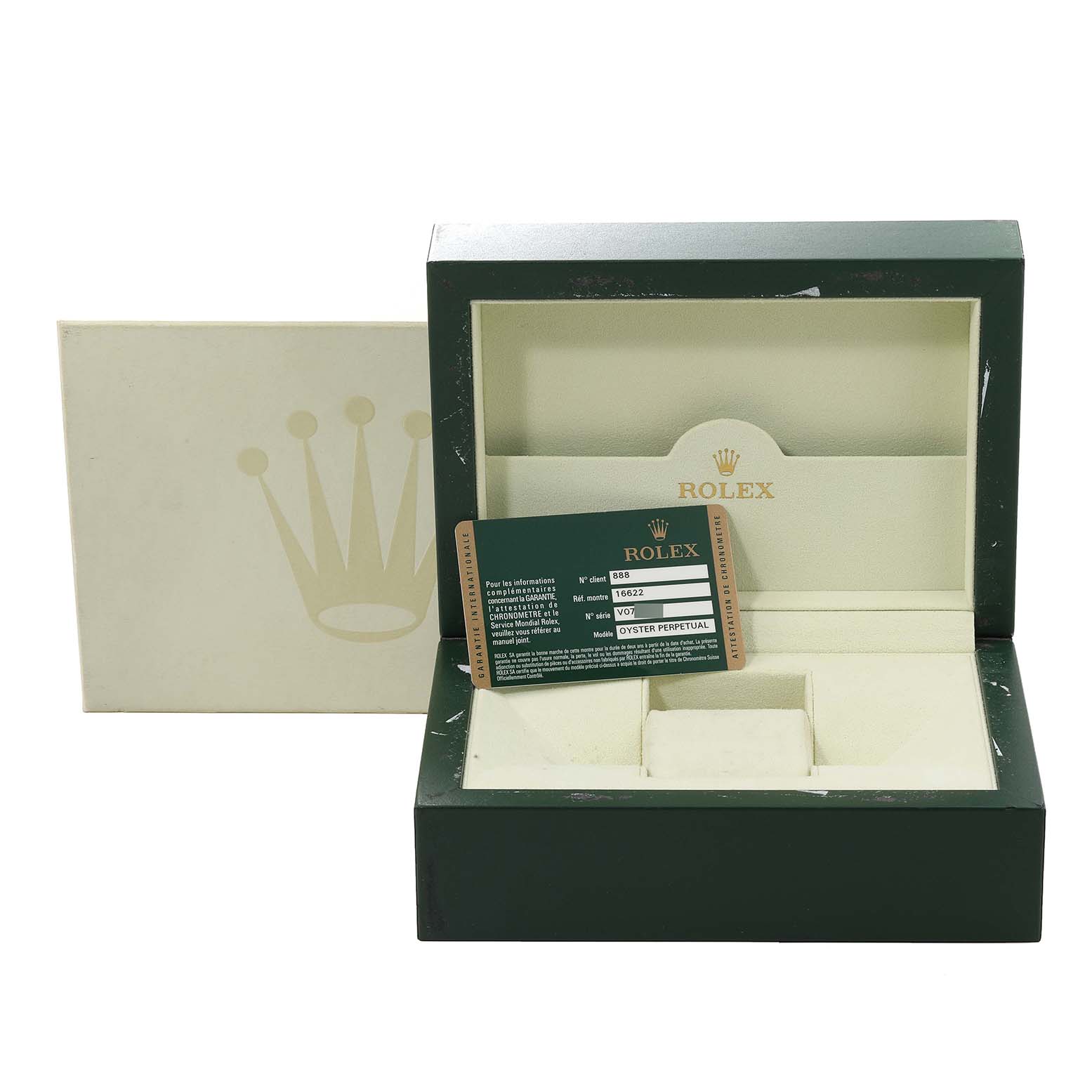 The image shows an empty Rolex Yacht-Master 16622 Men
s Stainless Steel Silver Dial 16622 Men
s Stainless Steel Silver Dial watch box with an Best Quality
ity card placed inside.