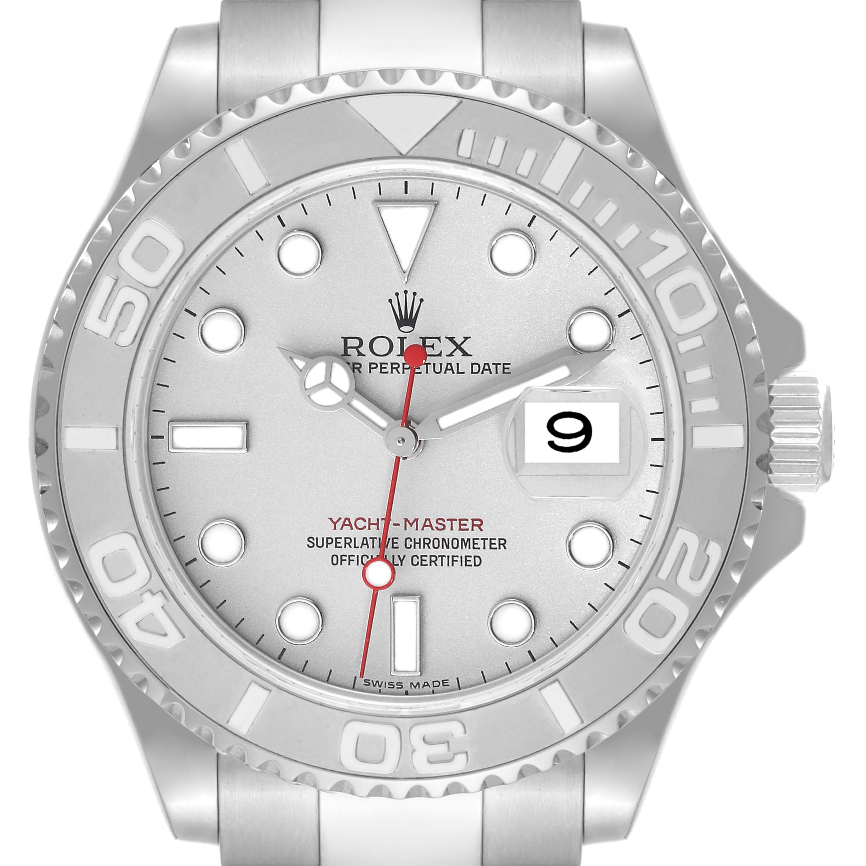 The image shows a front view of a Rolex Yacht-Master 16622 Men
s Stainless Steel Silver Dial 16622 Men
s Stainless Steel Silver Dial watch, displaying the face, bezel, crown, and part of the bracelet.