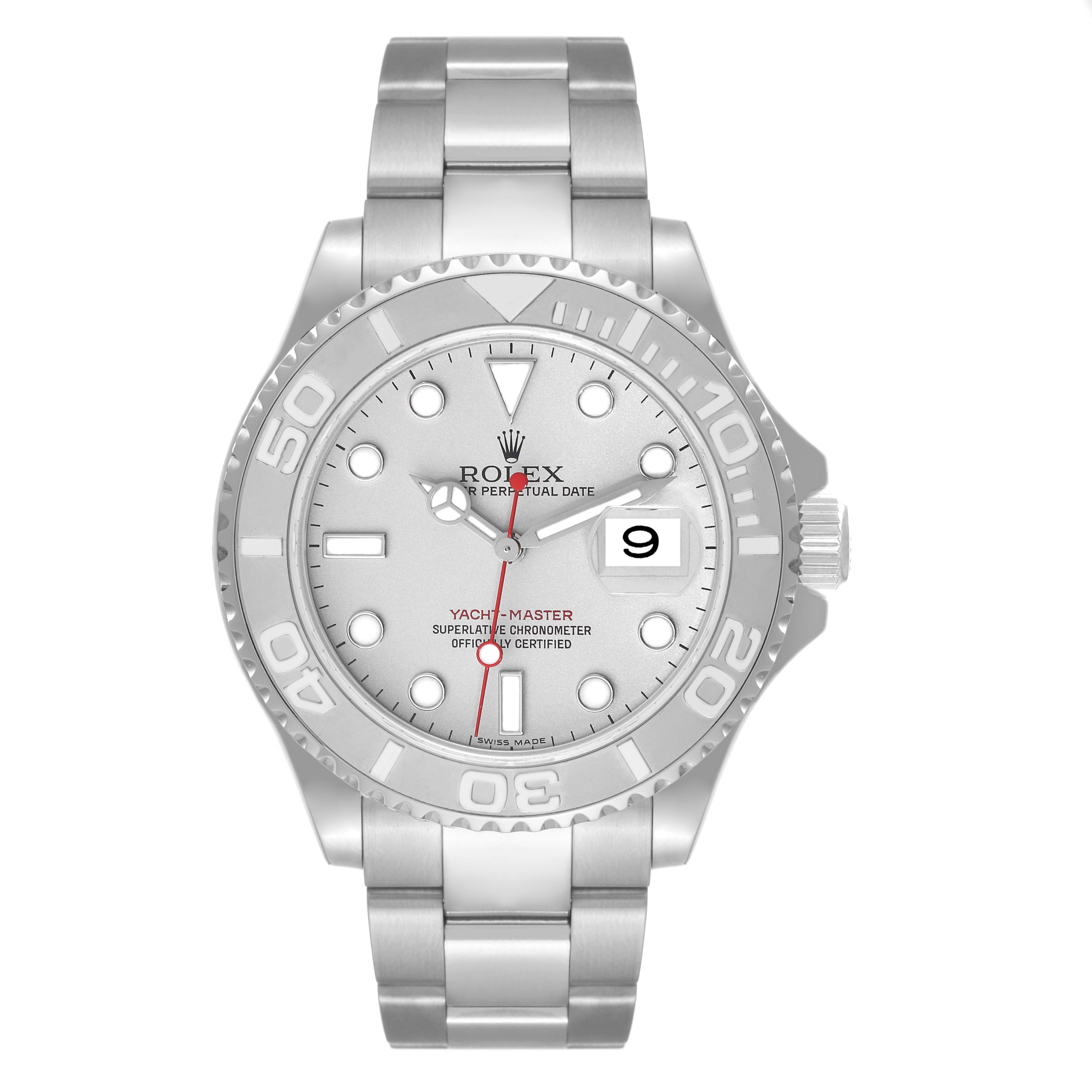 The Rolex Yacht-Master 16622 Men
s Stainless Steel Silver Dial 16622 Men
s Stainless Steel Silver Dial watch is shown from a top-down angle, displaying its dial, bezel, hands, and bracelet.
