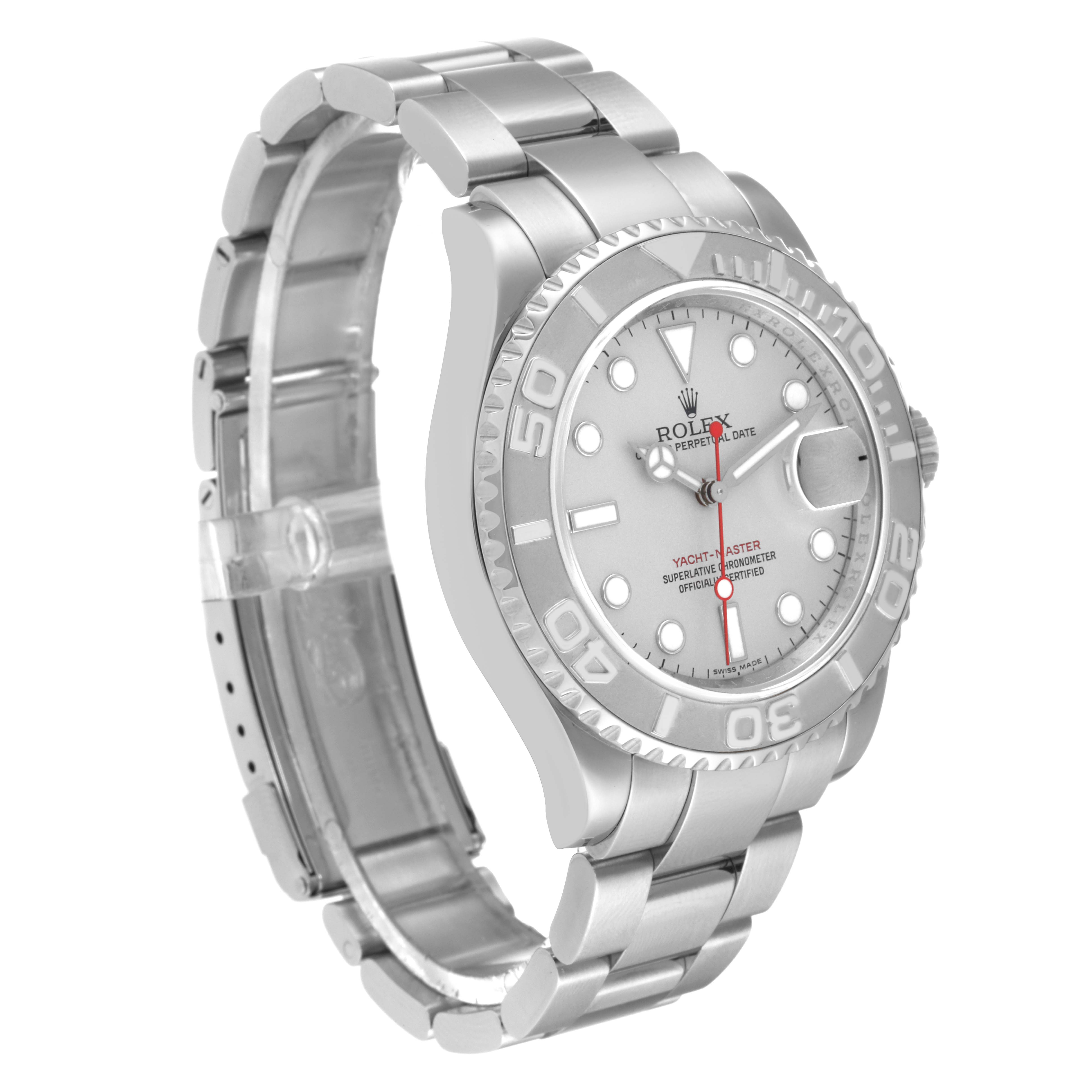 The Rolex Yacht-Master 16622 Men
s Stainless Steel Silver Dial 16622 Men
s Stainless Steel Silver Dial watch is shown at a three-quarter angle, featuring its face, bezel, and metal bracelet.