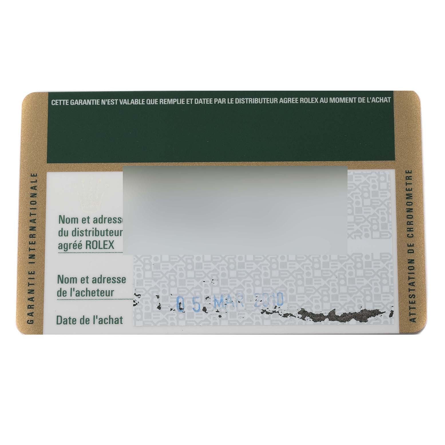 This is a close-up of a Rolex Yacht-Master 16622 Men
s Stainless Steel Silver Dial 16622 Men
s Stainless Steel Silver Dial warranty card.