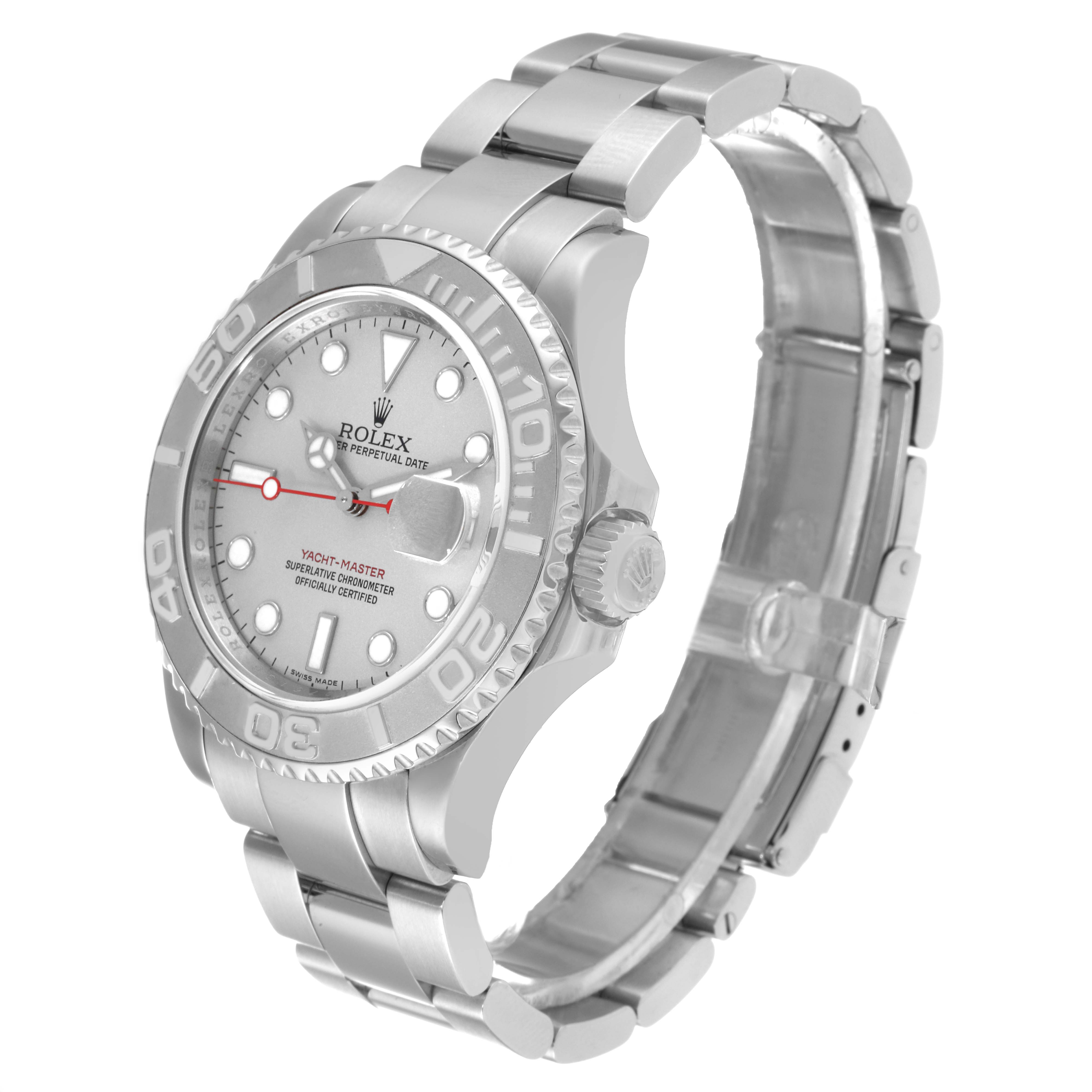 The image shows a Rolex Yacht-Master 16622 Men
s Stainless Steel Silver Dial 16622 Men
s Stainless Steel Silver Dial watch from a front-left angled view, highlighting its face, bezel, and bracelet.
