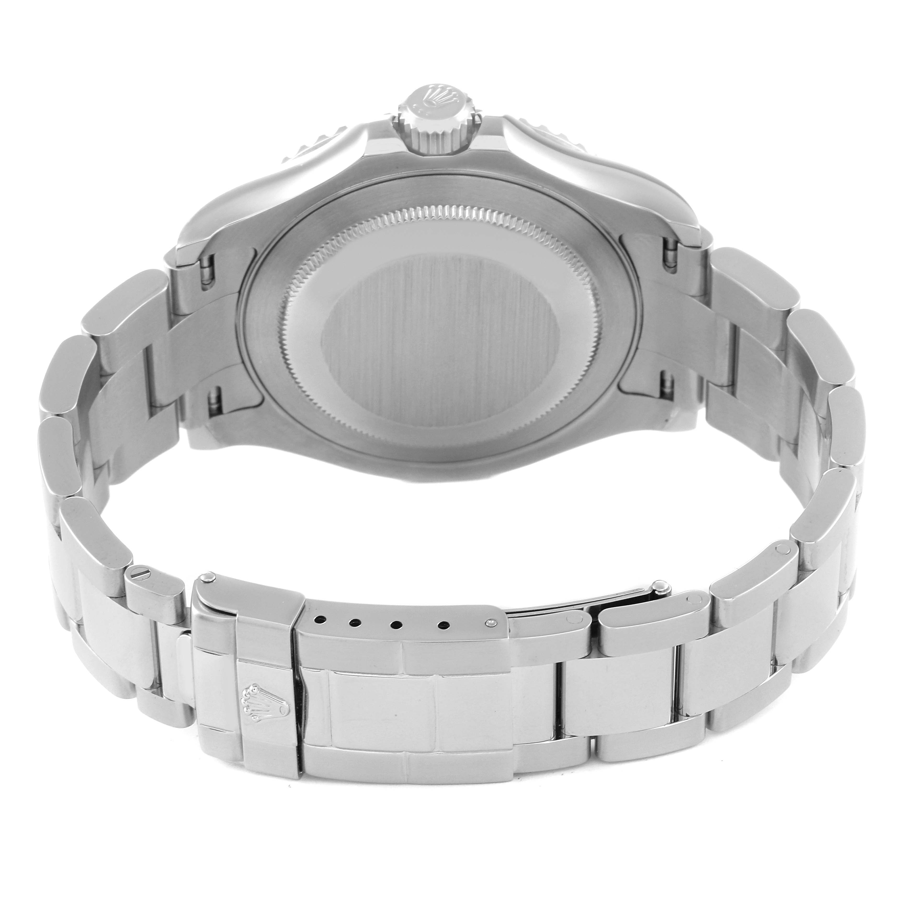 The image shows the back and bracelet of a Rolex Yacht-Master 16622 Men
s Stainless Steel Silver Dial 16622 Men
s Stainless Steel Silver Dial watch, viewed from an angle displaying the clasp and case back.