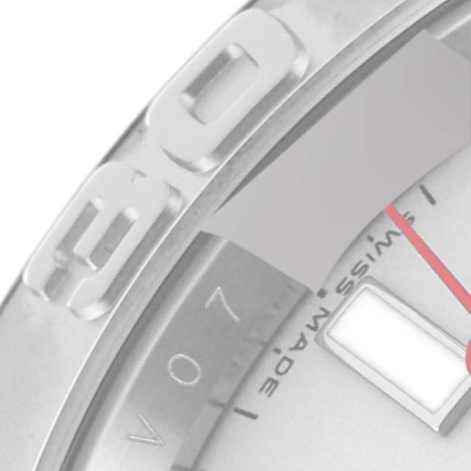 The image shows a close-up of the bezel and part of the dial of the Rolex Yacht-Master 16622 Men
s Stainless Steel Silver Dial 16622 Men
s Stainless Steel Silver Dial watch, highlighting the numbers and markers.