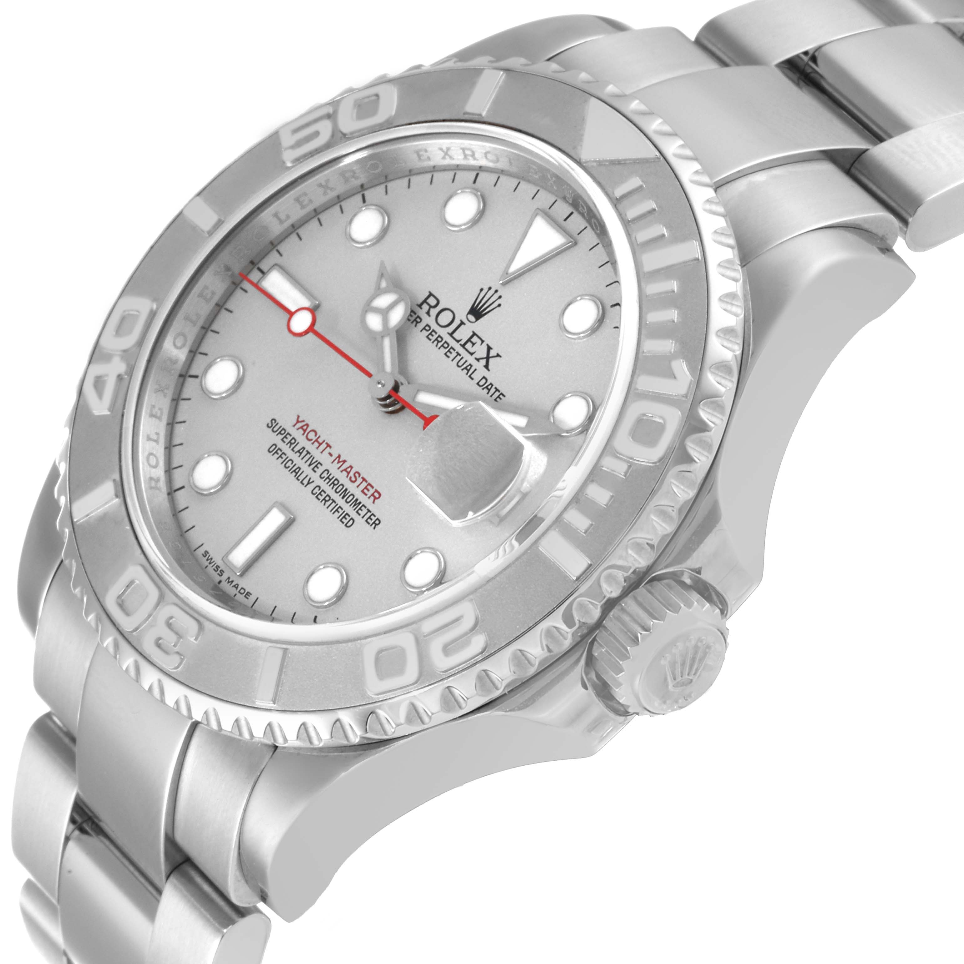 The image shows a side view of the Rolex Yacht-Master 16622 Men
s Stainless Steel Silver Dial 16622 Men
s Stainless Steel Silver Dial with a focus on the dial, bezel, crown, and bracelet.