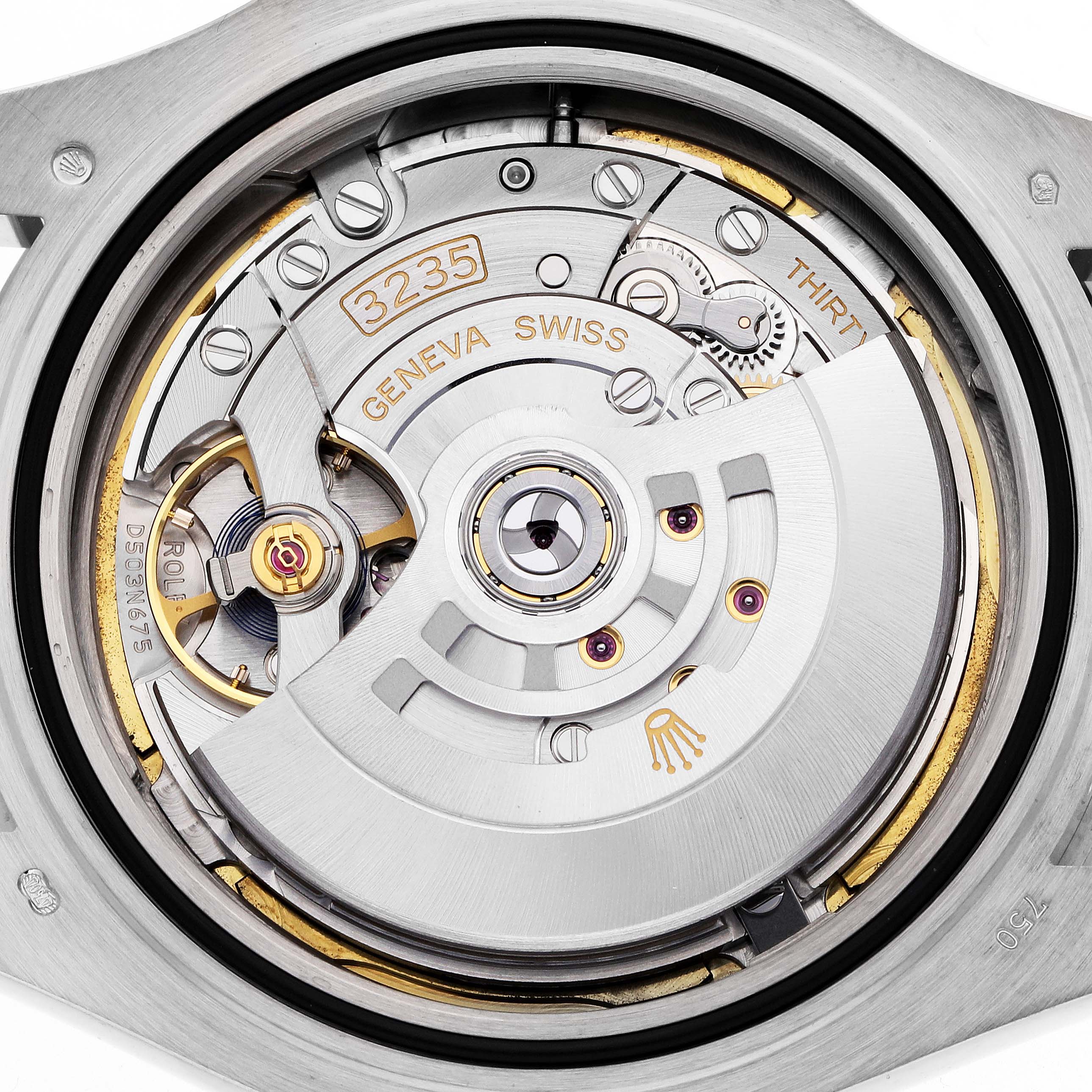 This image shows the movement part of a Rolex Yacht-Master 226659 Men
s White Gold Black Dial 226659 Men
s White Gold Black Dial watch, specifically showcasing the intricate mechanics inside the case back.