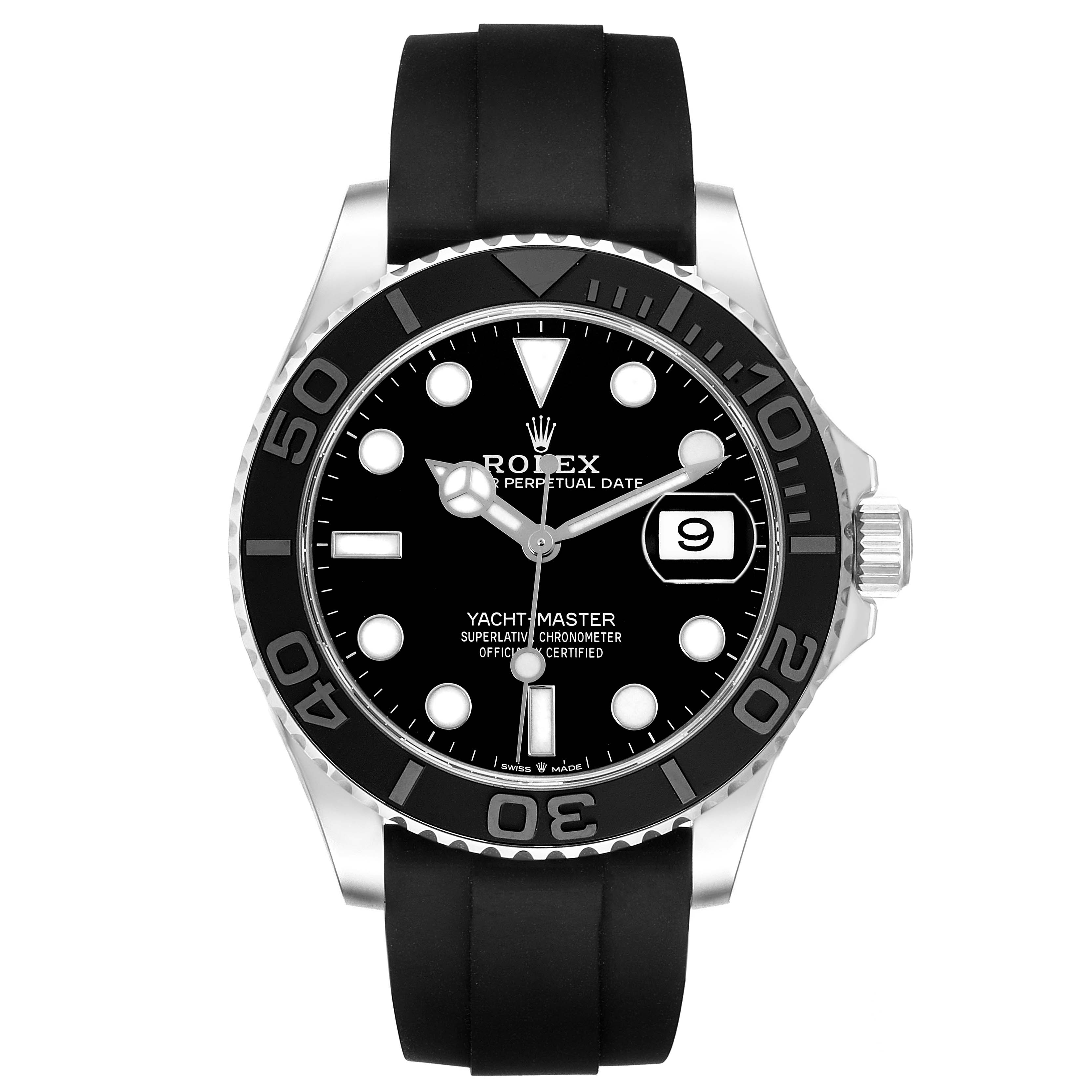 The Rolex Yacht-Master 226659 Men
s White Gold Black Dial 226659 Men
s White Gold Black Dial watch is shown from the front, highlighting the dial, bezel, and rubber strap.