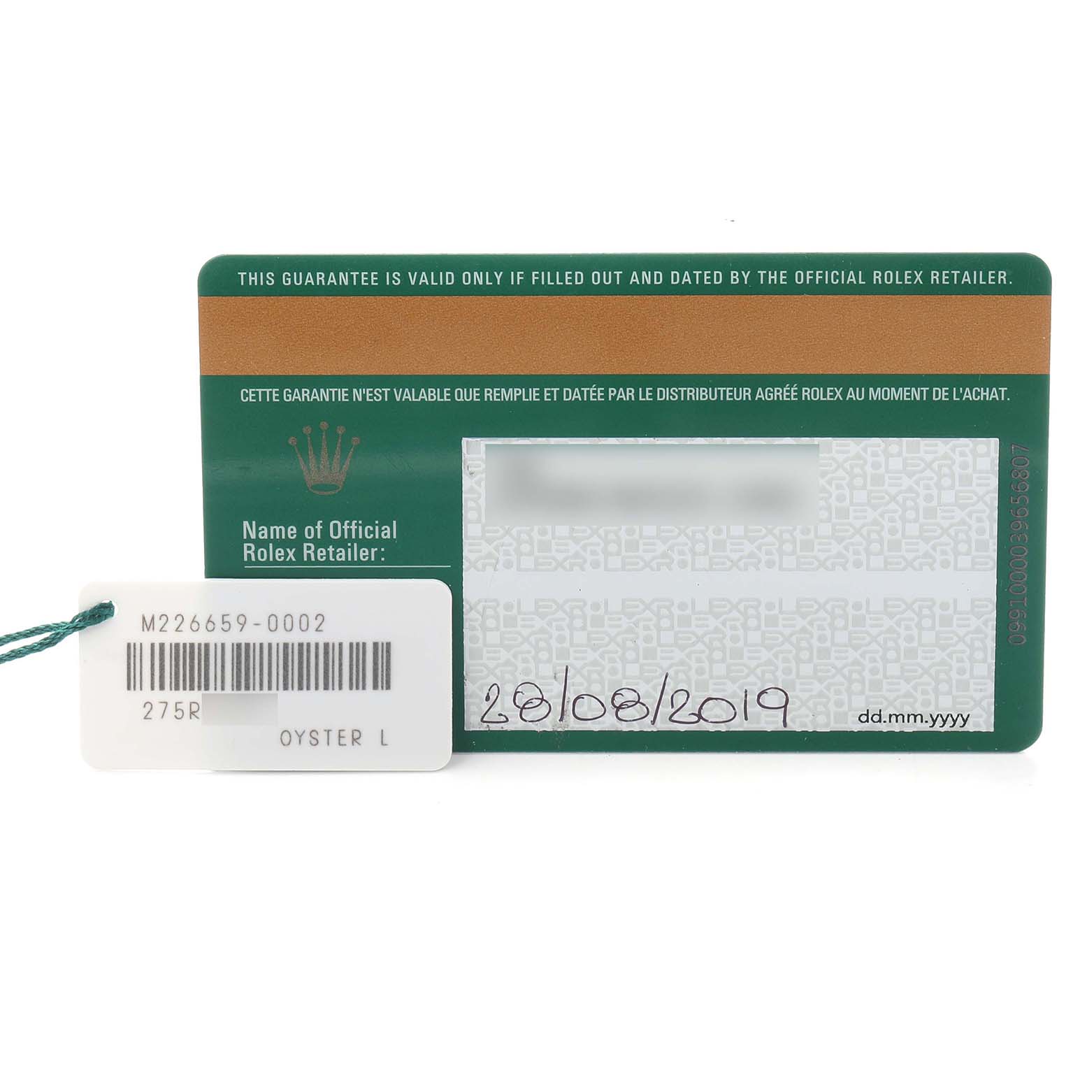 The image shows a warranty card and a tag for the Rolex Yacht-Master 226659 Men
s White Gold Black Dial 226659 Men
s White Gold Black Dial watch with model details.