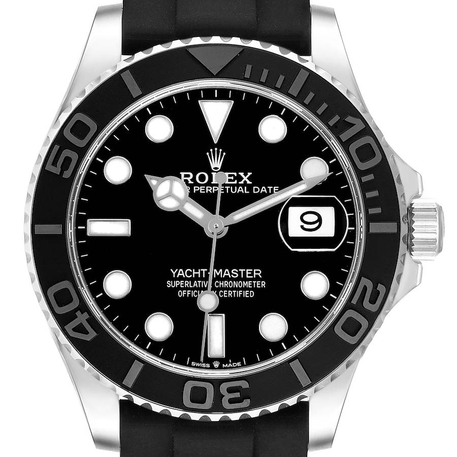 The Rolex Yacht-Master watch is shown from a front angle, highlighting the dial, bezel, and crown.