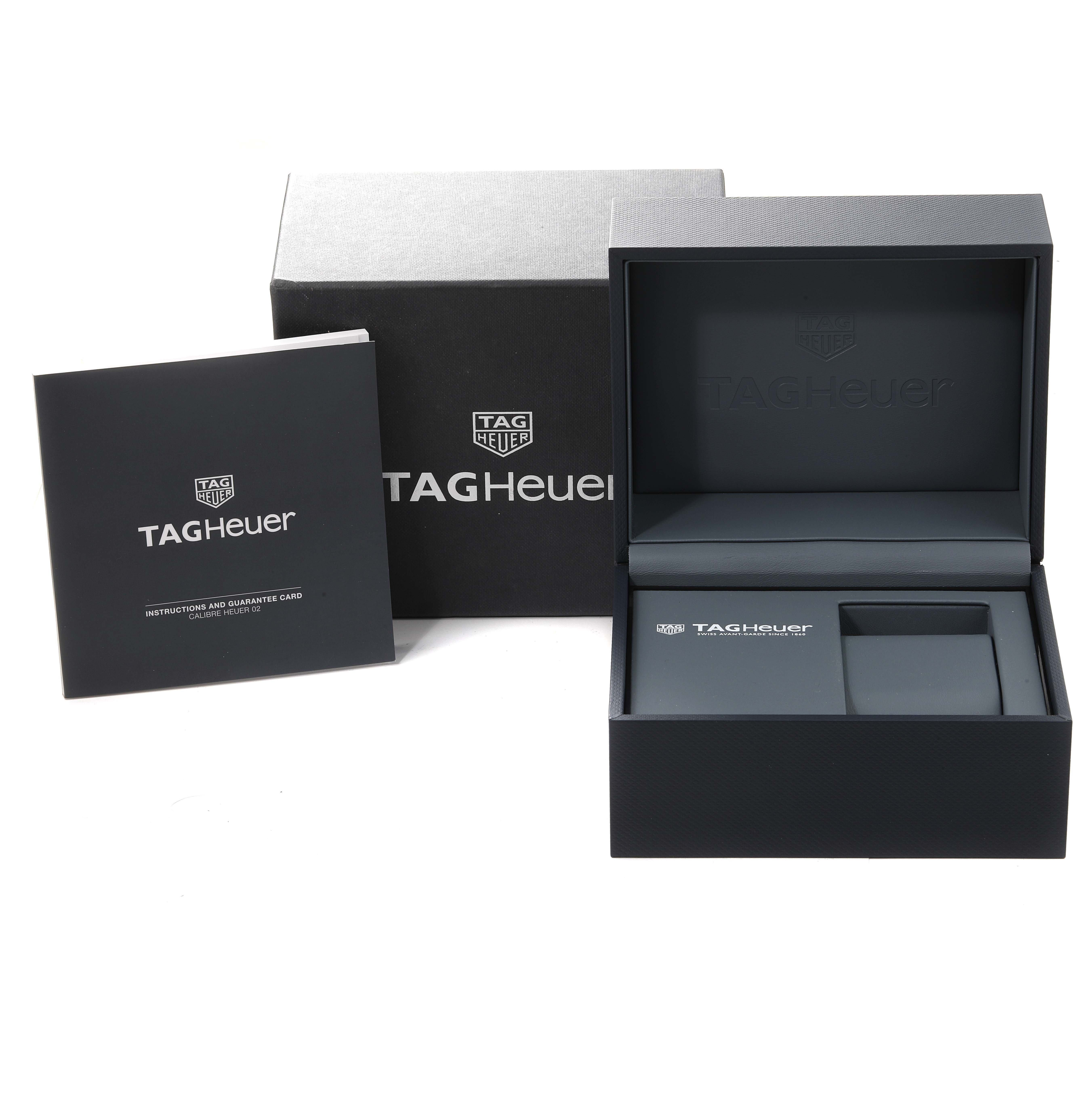 The image shows the packaging, box, and instruction booklet for the Tag Heuer Carrera CV2115 Men's Stainless Steel Mother of Pearl Dial CV2115 Men's Stainless Steel Mother of Pearl Dial watch.