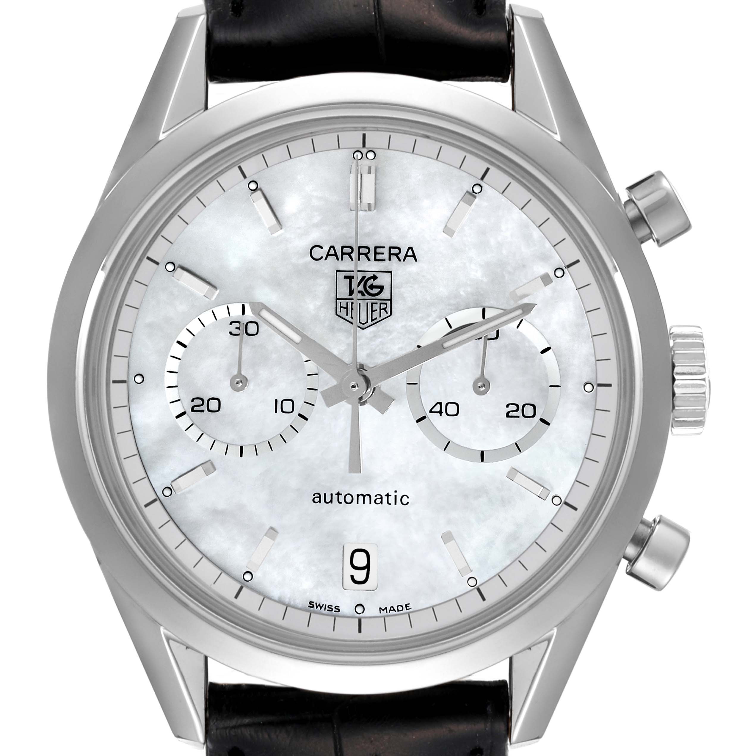 The image shows a front view of a Tag Heuer Carrera CV2115 Men's Stainless Steel Mother of Pearl Dial CV2115 Men's Stainless Steel Mother of Pearl Dial watch, highlighting its dial, subdials, hands, crown, and pushers.